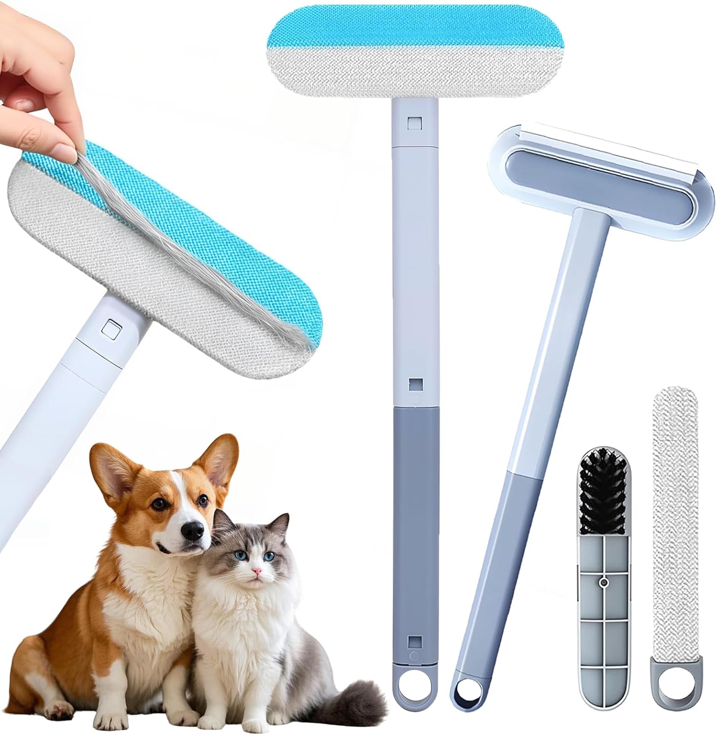 thumbnail video image 2 of Pet Hair Removal Tool, Multifunctional Reusable Pet Hair Remover Brush for Lint, Cat & Dog Hair Remover for Couch Furniture Car Bed Window Clothes, Washable 4 in 1 Brush with Long Handle & 2 Scrapers, 2 of 8