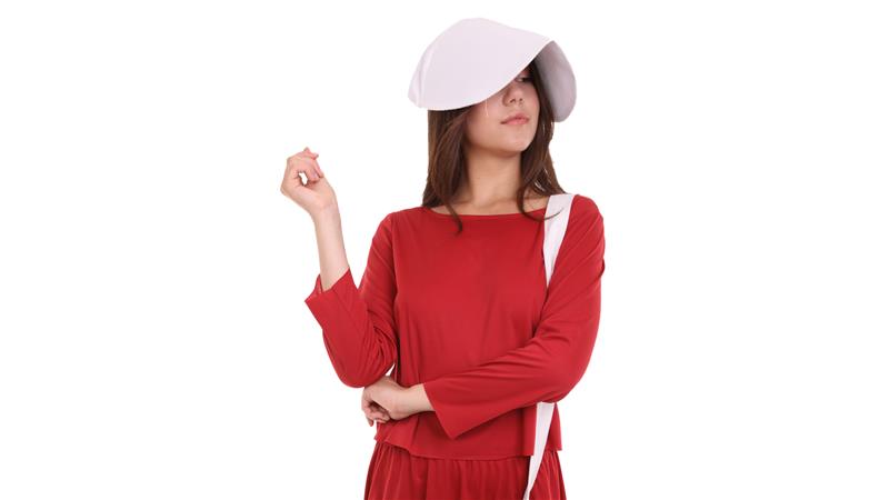 thumbnail video image 2 of HPO Women’s Handmaid Cosplay Costume – Red Dress with White Bonnet, Synthetic Fabric, XL Size, 2 of 7