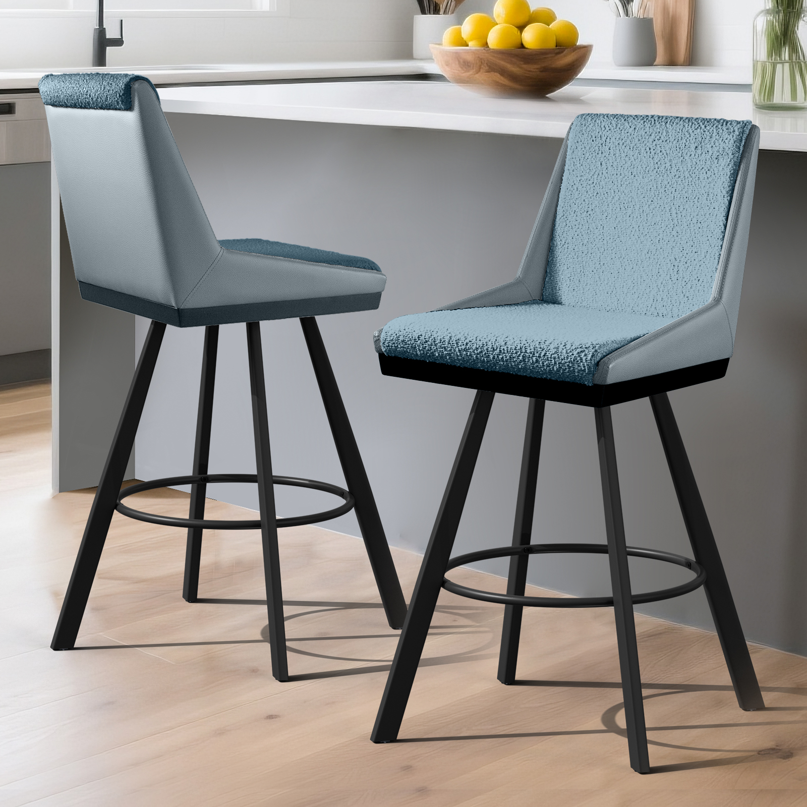 thumbnail video image 2 of 26" Counter Height Bar Stools Set of 2, Swivel Bar Chair Kitchen Chairs with Low Backs, PU Leather Fabric Square Seat Bar Chair with Black Metal Legs, Counter Bar Stools for Kitchen Island,Blue, 2 of 8