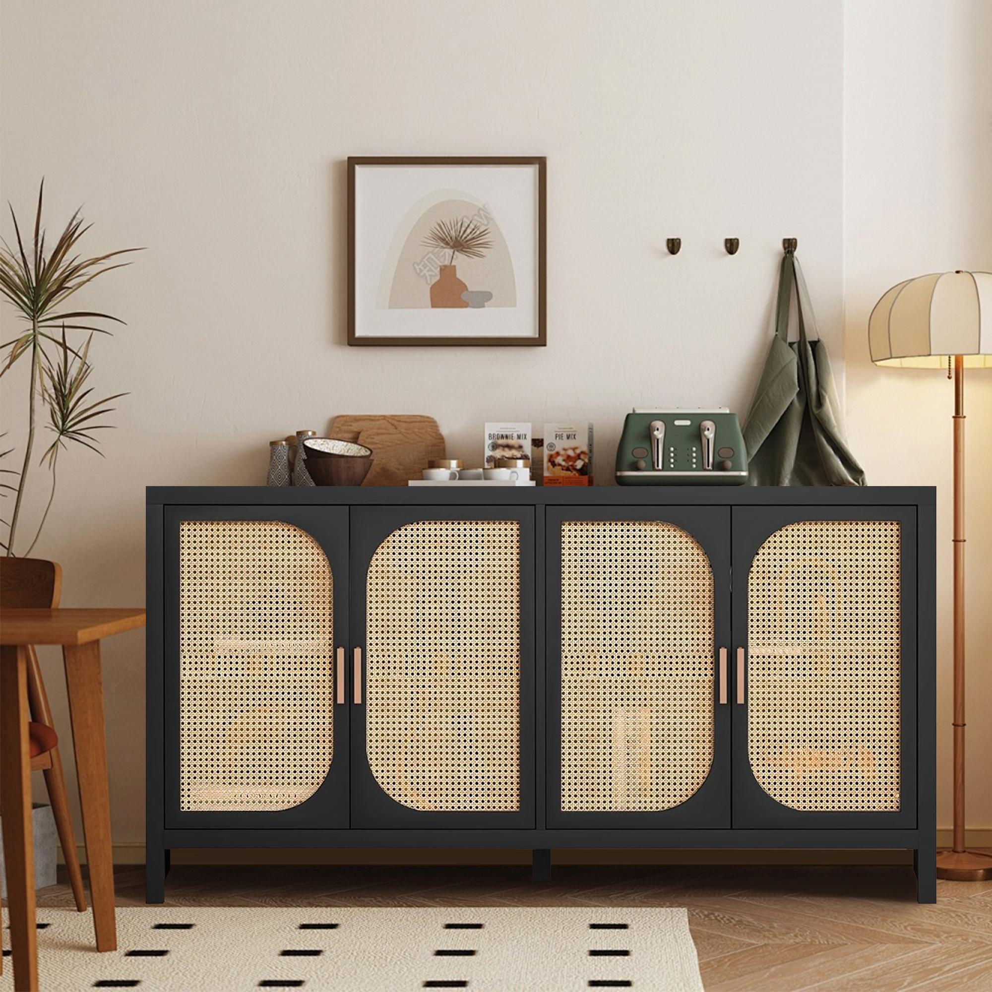 thumbnail video image 2 of Modern Rattan Sideboard Buffet Cabinet, Kitchen Storage Cabinet, Living Room TV Stand for TVs up to 65", Entertainment Center with Adjustable Shelf, for Dining Living Room Hallway, Black, 2 of 11