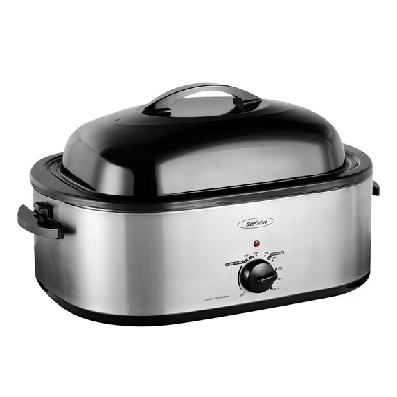 thumbnail video image 2 of Sunvivi 18 Quart Electric Roaster with Self-Basting Lid, Removable Pan, and Cool-Touch Handles, Silver, 2 of 9