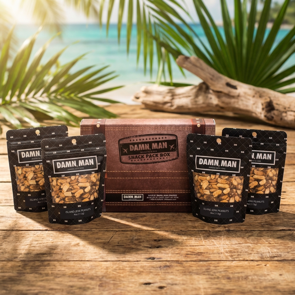 thumbnail video image 2 of Damn, Man Island Jerk Peanuts Snack Pack Box – 4 Resealable Bags, 2 of 8