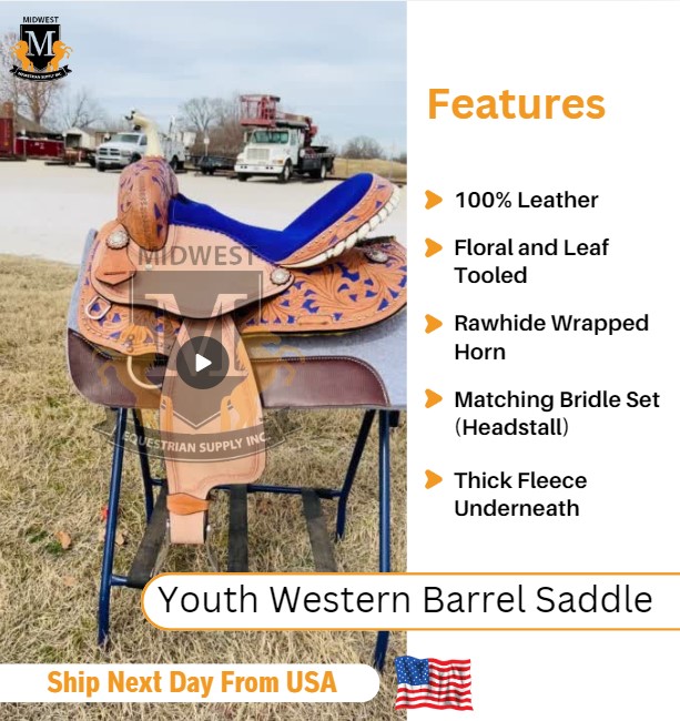 thumbnail video image 2 of Resistance Kid Leather Horse Saddle for Barrel and Trail Riding with Free Tack Set, 2 of 8