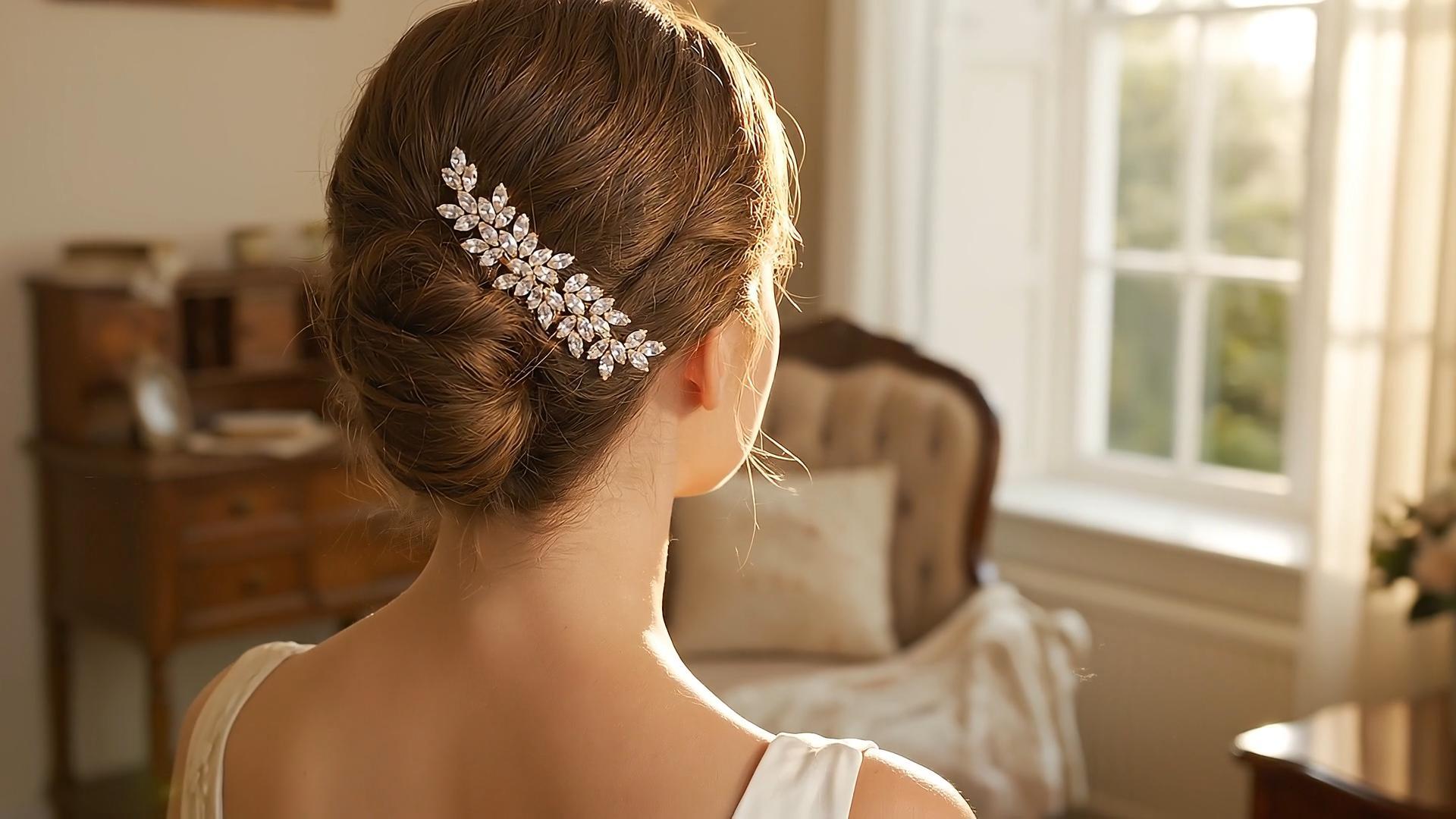 thumbnail video image 2 of Miallo Gold Bridal Hair Comb with Marquise Rhinestones, Sparkling Crystal Leaf Wedding Headpiece, Decorative Hair Jewelry Set for Brides and Prom, 2 of 8