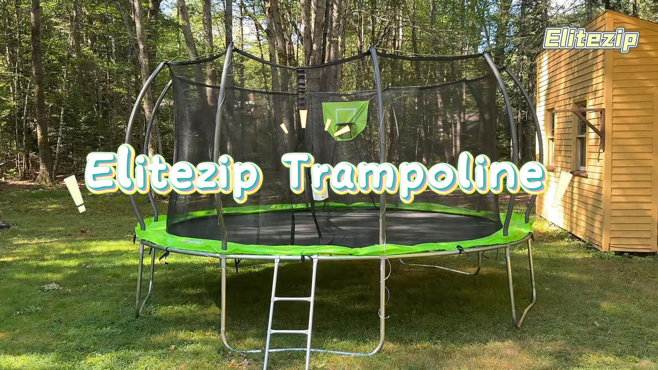 thumbnail video image 2 of Elitezip Trampoline for Kids and Adults, 12FT 1200LBS Trampolines with Enclosure Net, Basketball Hoop, Ladder, Light, Sprinkler, Outdoor Trampoline, Backyard Recreational Trampolines, Curved Design, 2 of 10