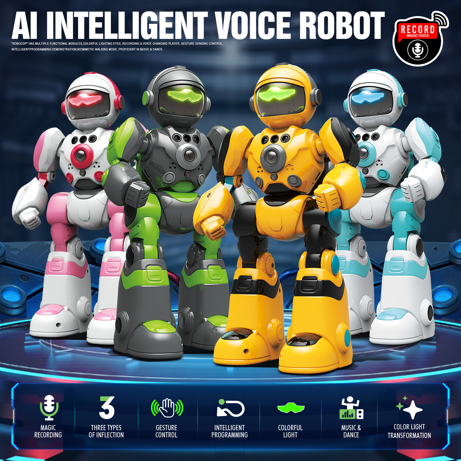 thumbnail video image 2 of RC Robot Intelligent Programmable Toy for Kids Ages 3-8, Voice Recording and Playback, Remote Control with Gesture Control, Music Dance and LED Lights, 2 of 10
