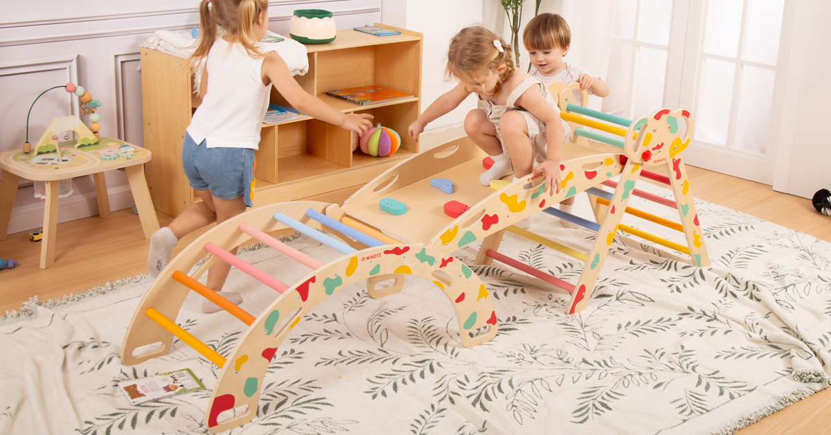 thumbnail video image 2 of Pikler Triangle Set with Cushion, 8 in 1 Wooden Montessori Climbing Toys Indoor Playground Jungle Gym Playsets for Toddler, Baby, Kid,Rainbow, 2 of 8