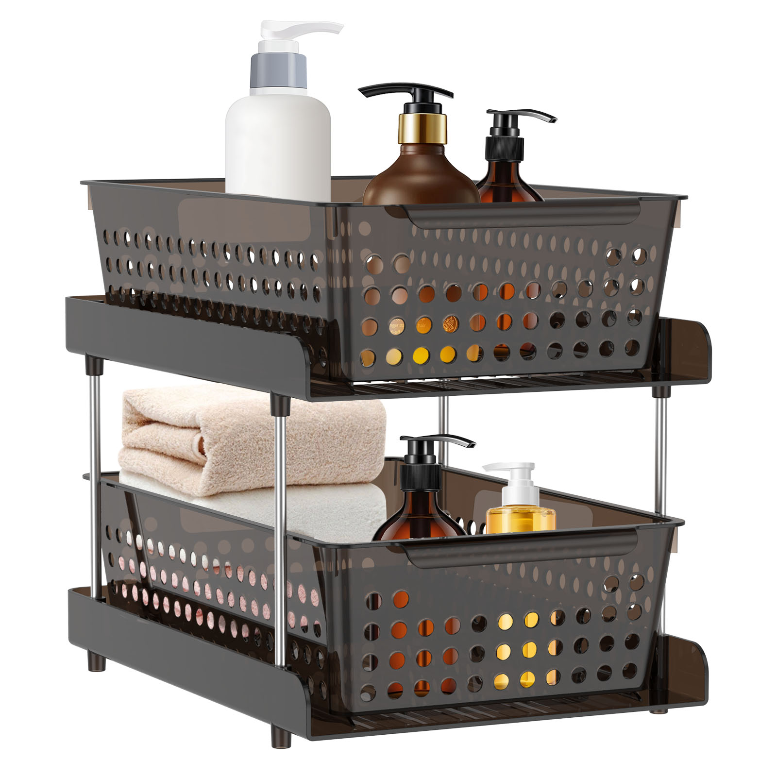 thumbnail video image 3 of Dznils 2-Tier Under Sink Organizer and Storage, Pull Out Stackable Bathroom Cabinet Organizers Black, 3 of 13