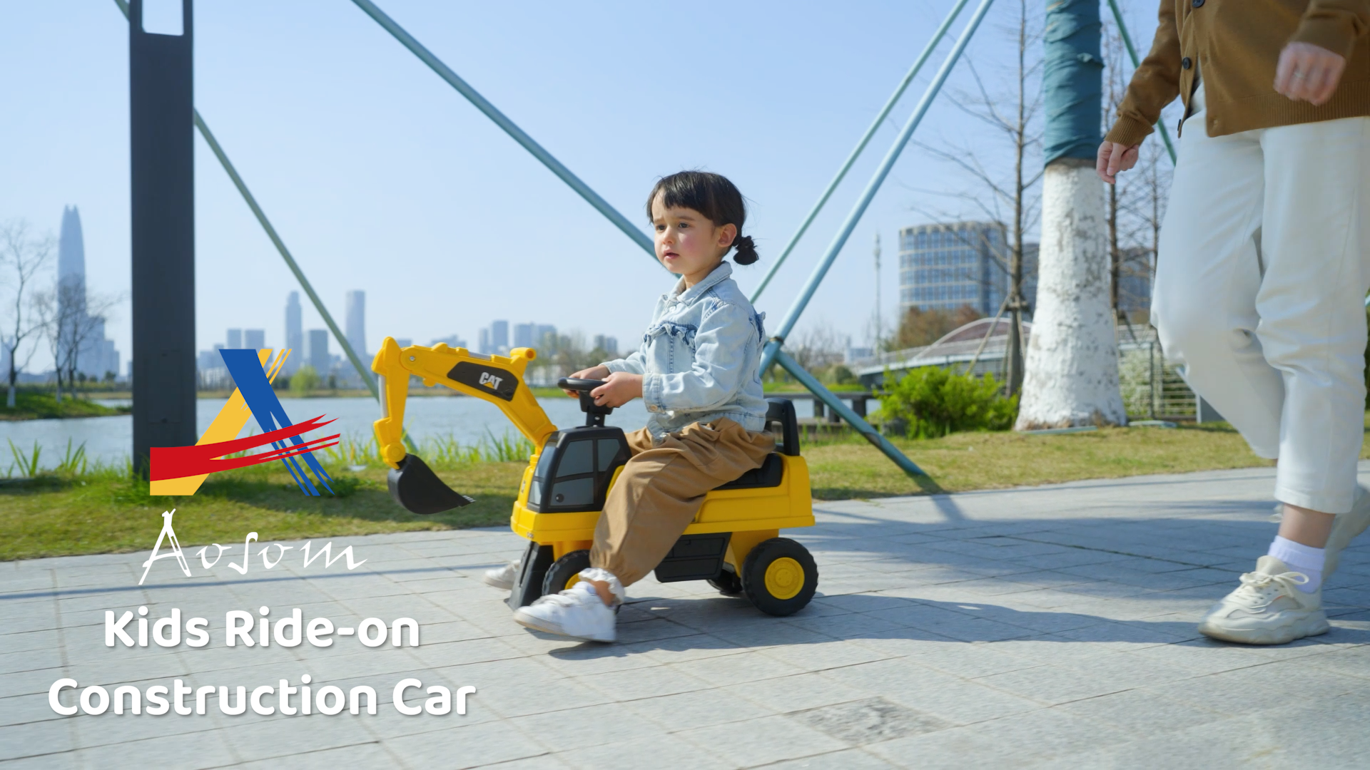 thumbnail video image 2 of Aosom CAT Licensed Excavator Ride-on Toy for Kids w/ Manual Shovel, Yellow, 2 of 10