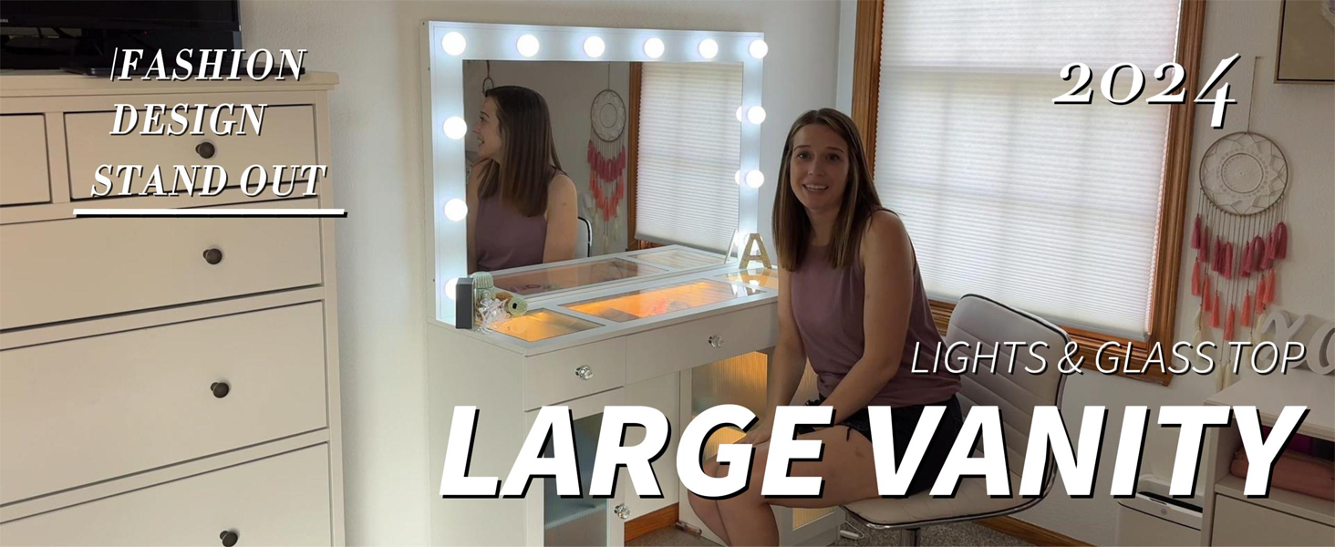 thumbnail video image 2 of ABOVOBA Makeup Vanity Desk with Large Mirror and Lights,Big Vanity with Power Outlet for Women,White, 2 of 10