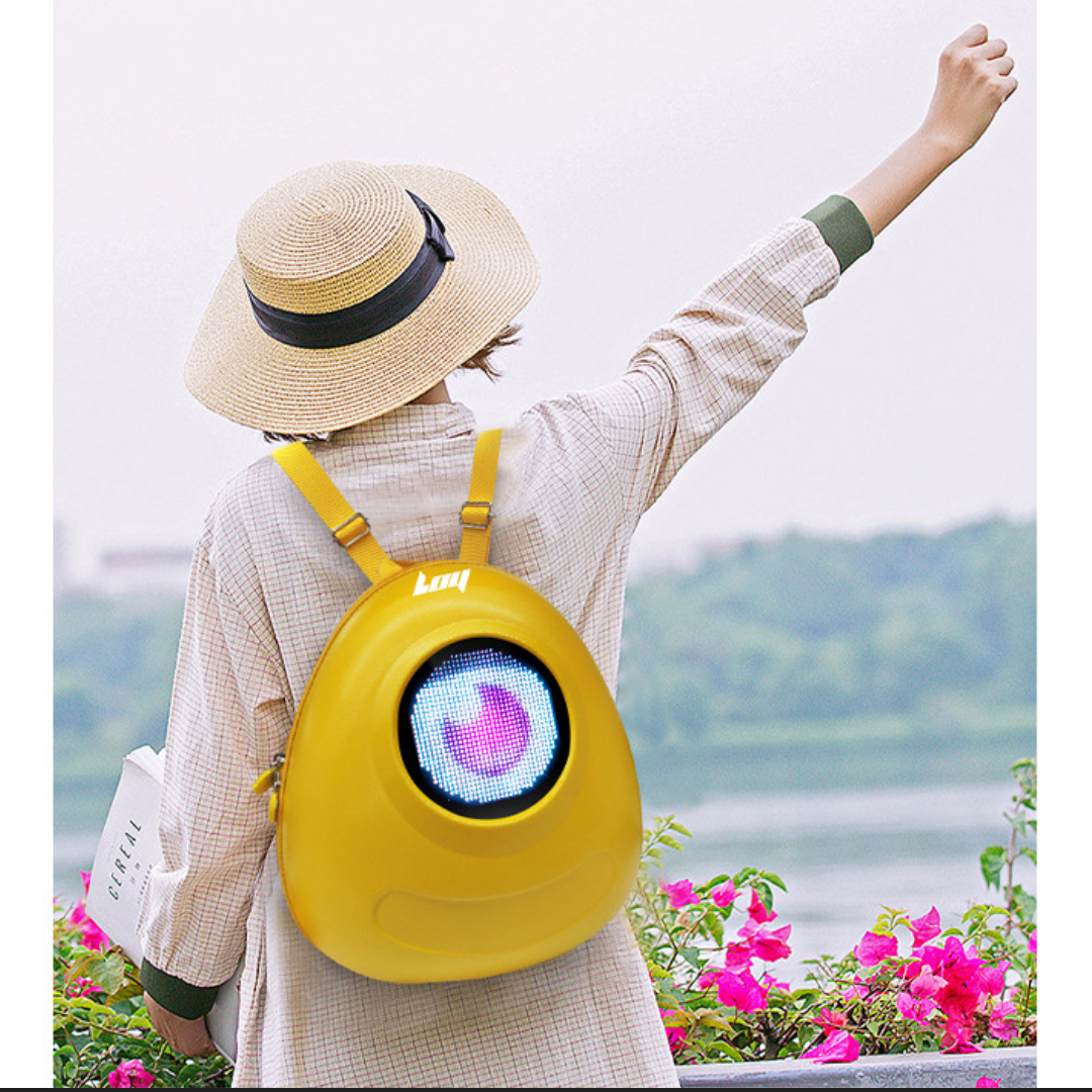 thumbnail video image 2 of LOY Bluetooth LED Smart Screen Backpack - Custom Animated Eyes Design, Lightweight Waterproof Daypack for Teens/Adults, 2 of 9