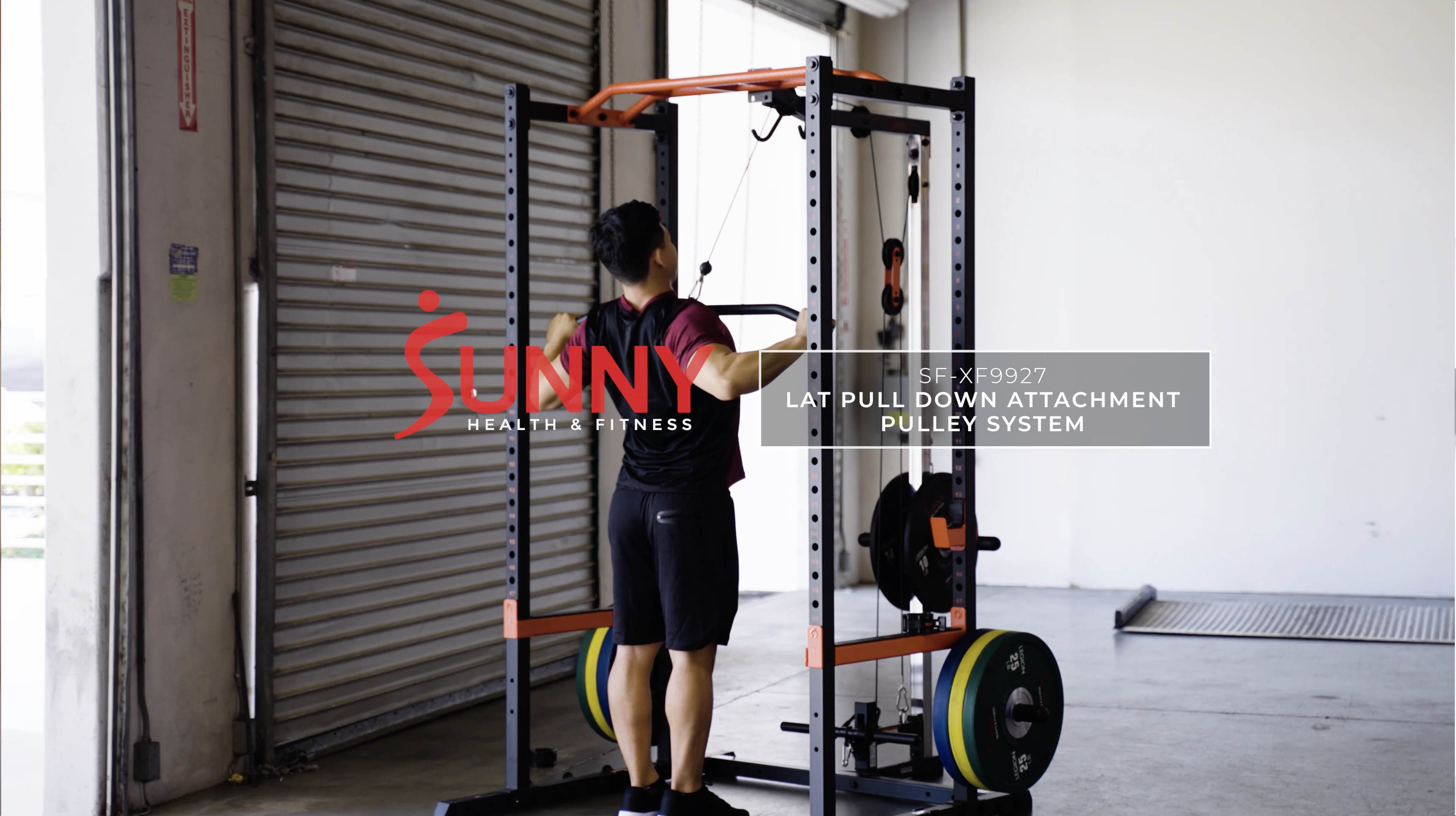 thumbnail video image 2 of Sunny Health & Fitness Lat Pull Down Attachment Pulley System for Power Rack, Home Gym Station Exercise Equipment, SF-XF9927, 2 of 14