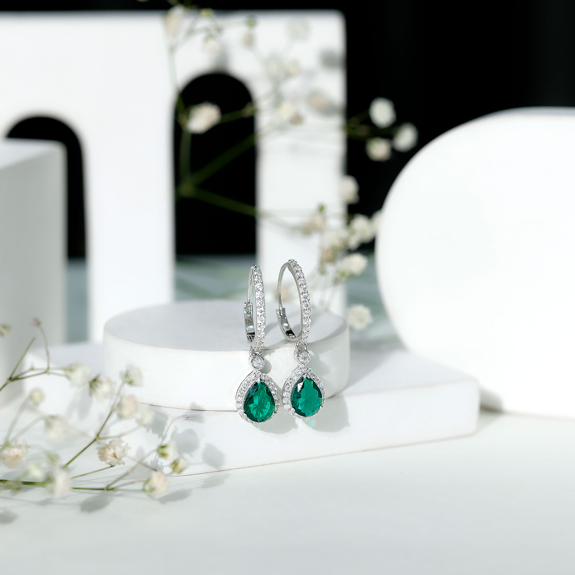 thumbnail video image 2 of Rosec Jewels Pear Shape Created Emerald Drop Earrings with Moissanite for Women - AAAA Grade, 14K White Gold, 2 of 7