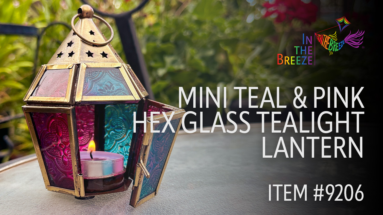 thumbnail video image 2 of In the Breeze 9206 — Teal & Pink Mini Hex Tealight Lantern — Moroccan-Style Boho Chic Tealight Glass and Metal Tabletop Lantern, 2 of 6