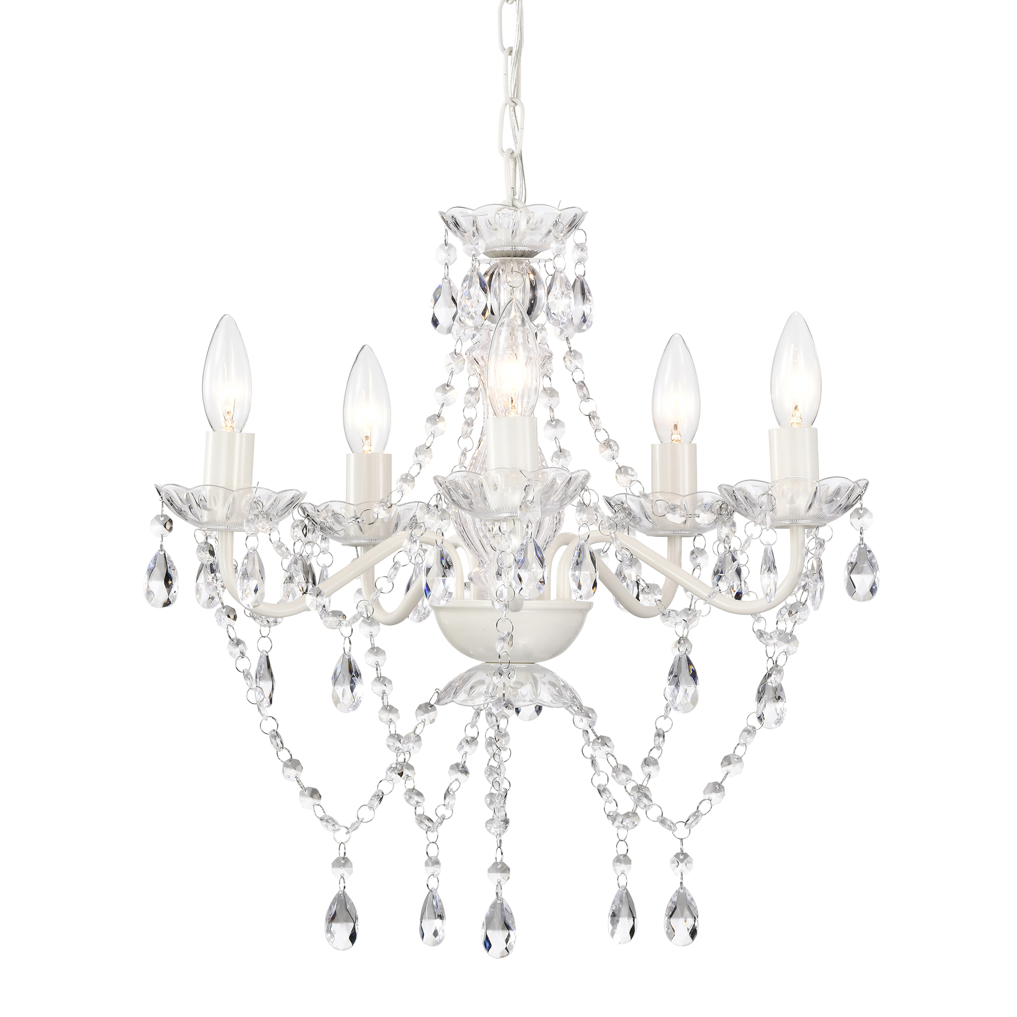 thumbnail video image 2 of Small White Crystal Chandelier, 5-Light Glass Ceiling Light Fixture, E12 Base, Adjustable Chain, for Bedroom , Dining Room, 2 of 8