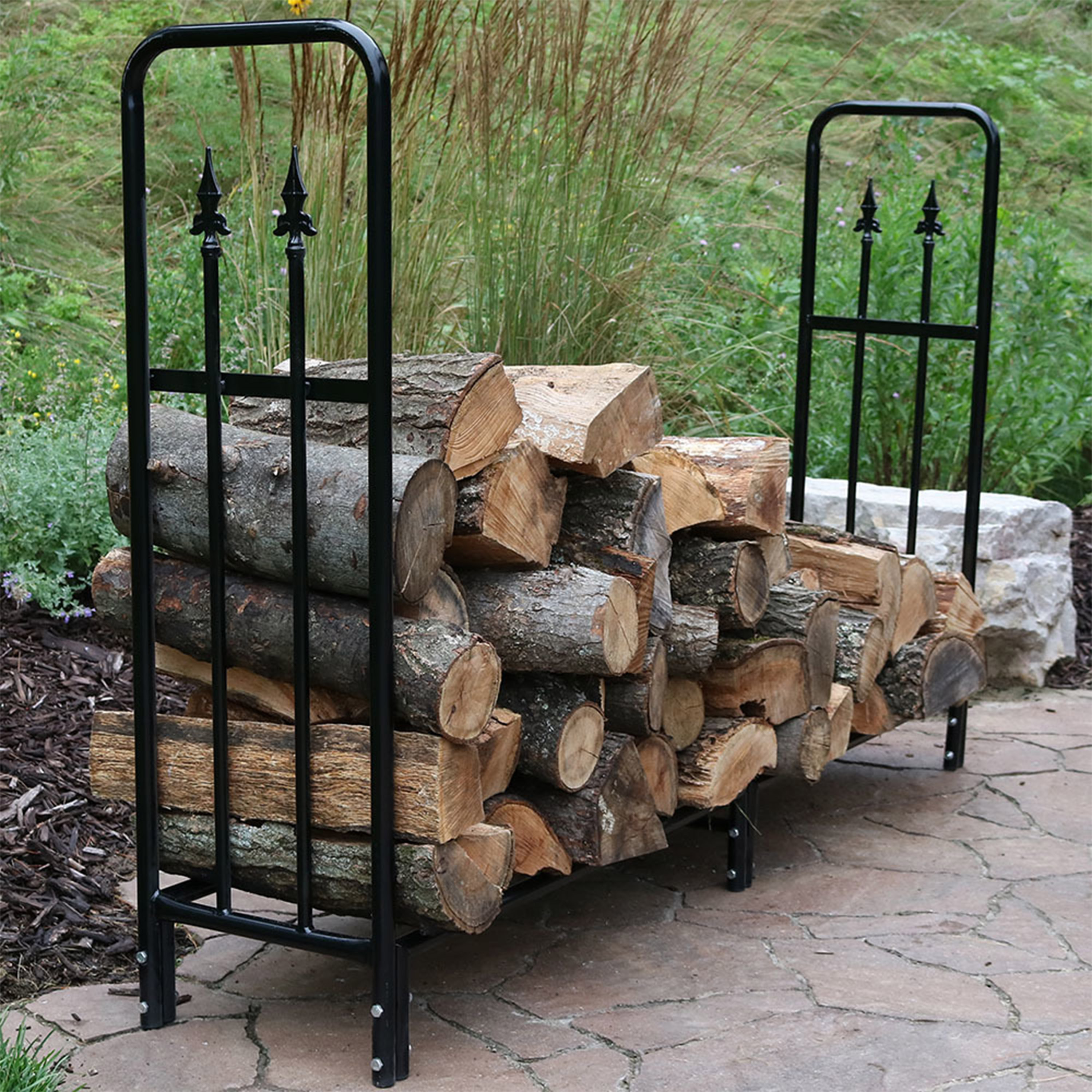 thumbnail video image 2 of Sunnydaze Indoor or Outdoor Traditional Steel Firewood Log Rack with Kindling Holder, 2 of 8