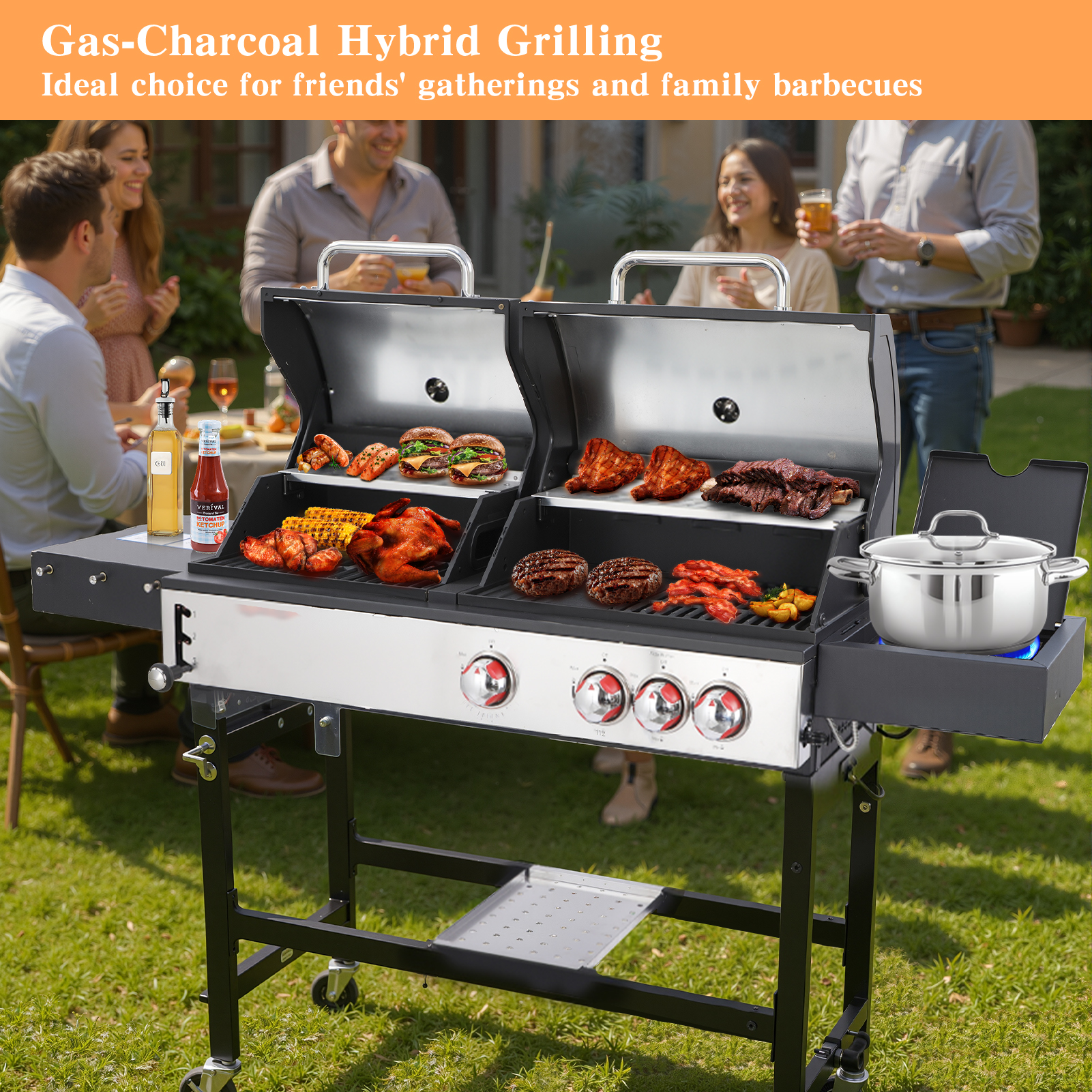 thumbnail video image 2 of CIG GARDEN 3-Burner Gas and Charcoal Grill Combo with Side Burner, Cast Iron Grates, and Griddle Pan, 2 of 9