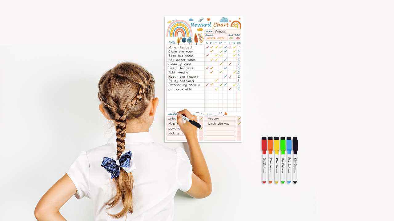 thumbnail video image 2 of Clever Clean Dry Erase Chores Chart, Reusable Reward Chart, Non-Magnetic Chore Board Clings to Any Smooth Surfaces, 6 Whiteboard Markers Included, 2 of 7