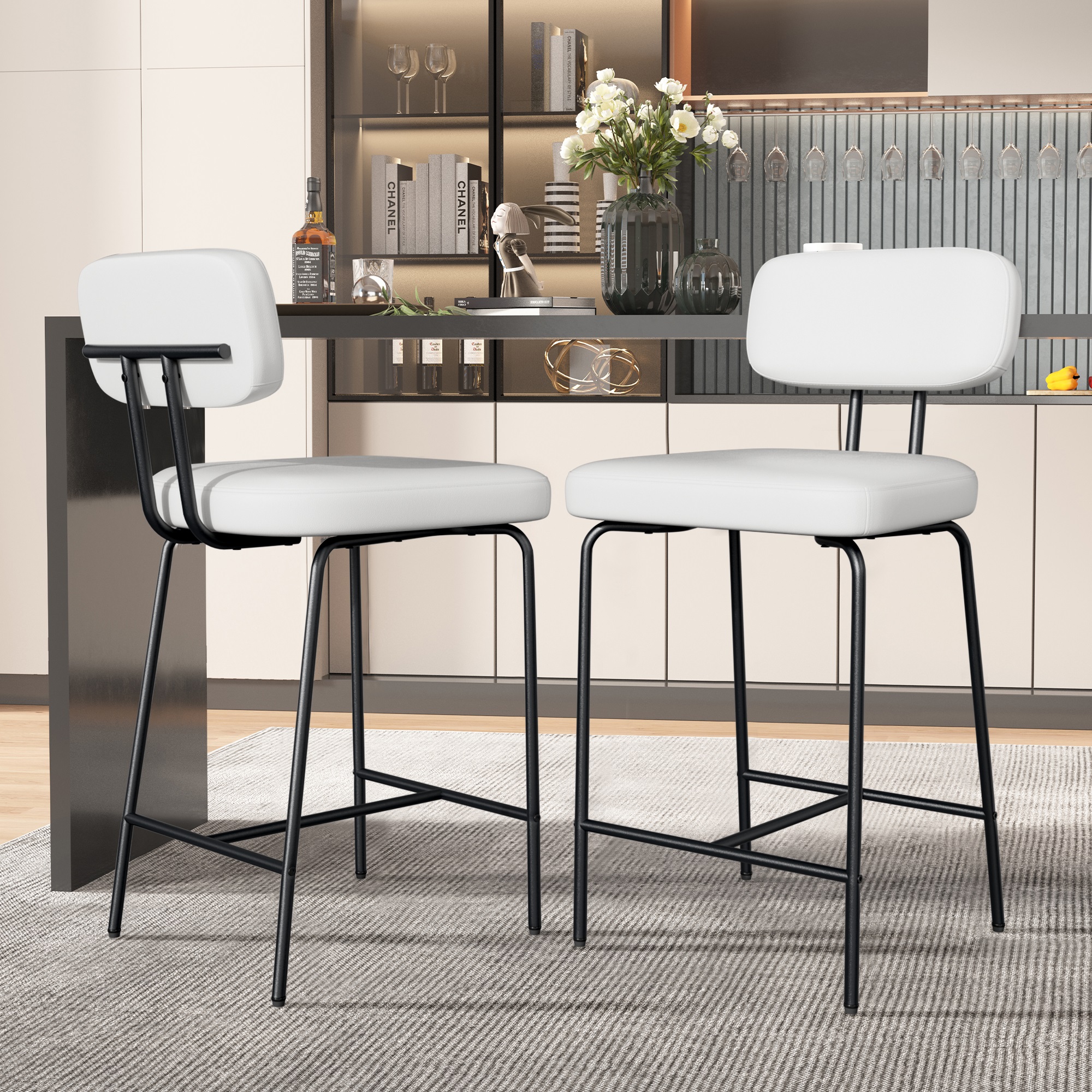 thumbnail video image 2 of Ninecer Counter Height Bar Stools Set of 2, 26 Inch Faux Leather Kitchen Island Chairs with Low Back and Metal Legs, Modern Bar Chairs with Footrest, Black, 2 of 7