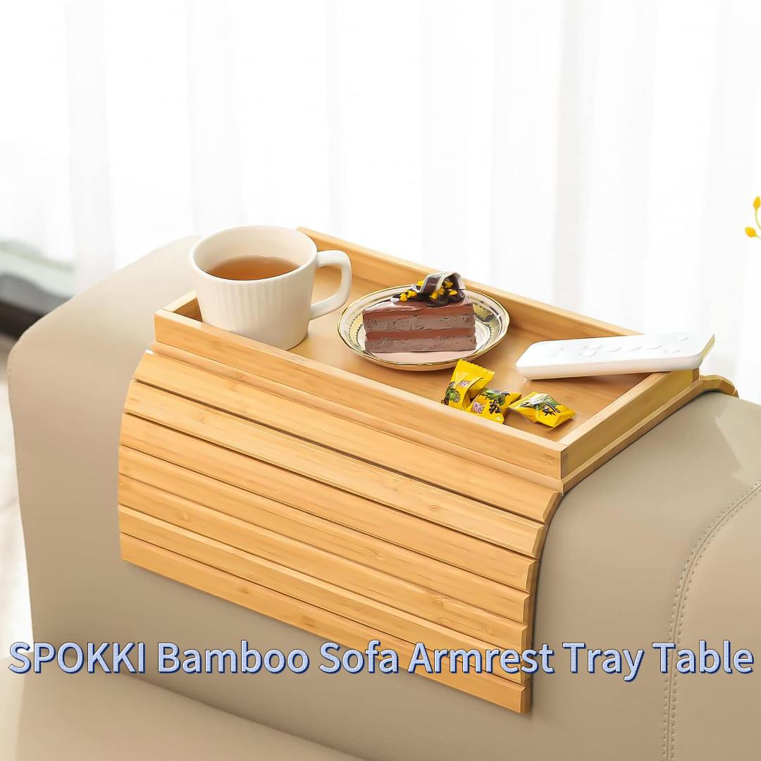 thumbnail video image 2 of SPOKKI Bamboo Sofa Armrest Tray Table - Couch Arm Tray with Detachable Couch Cup Holder Tray - Anti-Slip Foldable Sofa Table Tray for Drinks Cup Cellphone Remote Snacks (18*13.2in), 2 of 8