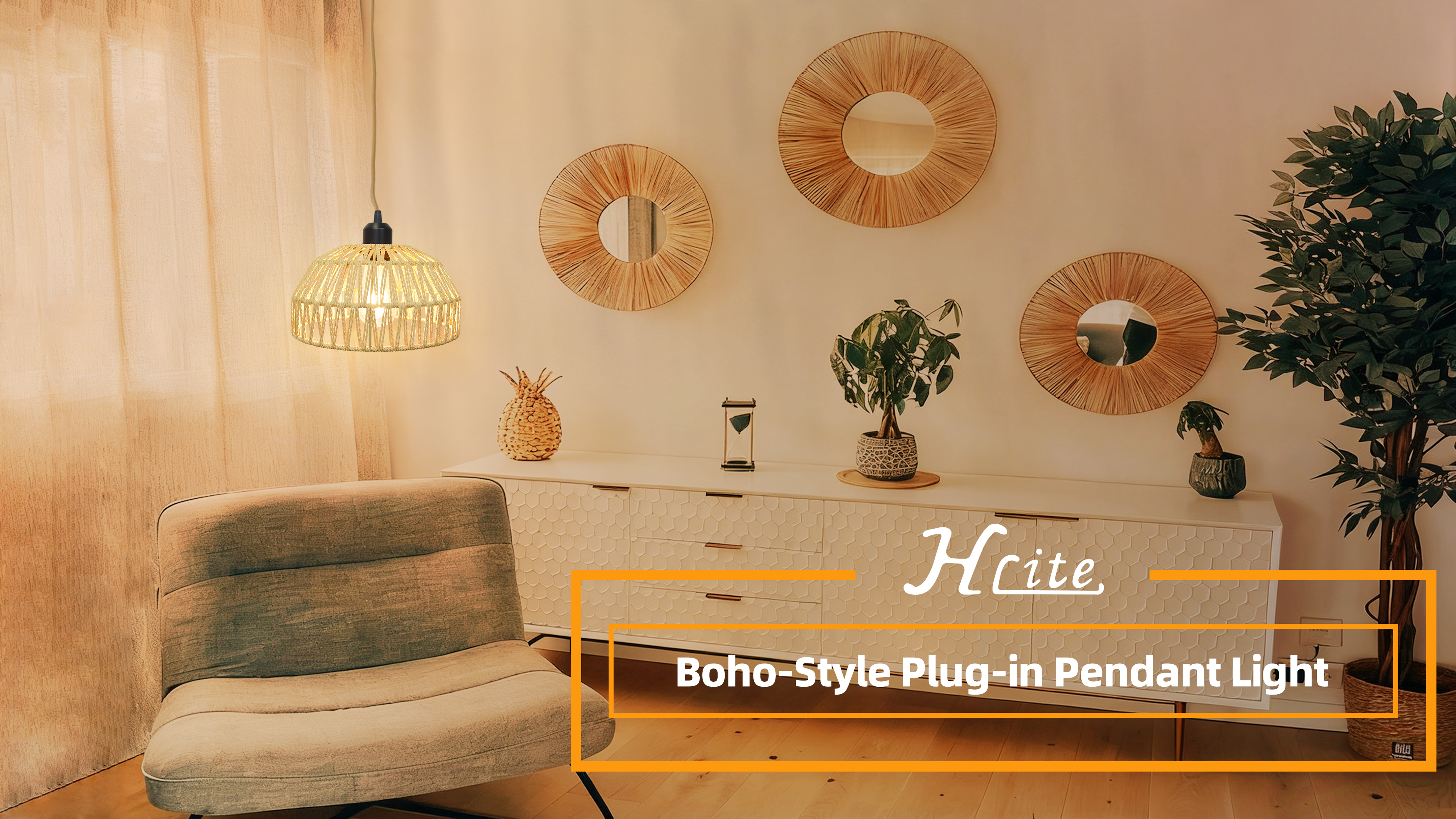 thumbnail video image 2 of Hlite Dimmable Swag Pendant Hanging Light Fixtures,15ft Plug in Cord with Rattan Woven Shade Farmhouse Ceiling Light for Bedroom Beside/Dining Table/Kitchen Sink,Bulb Not Included, 2 of 14