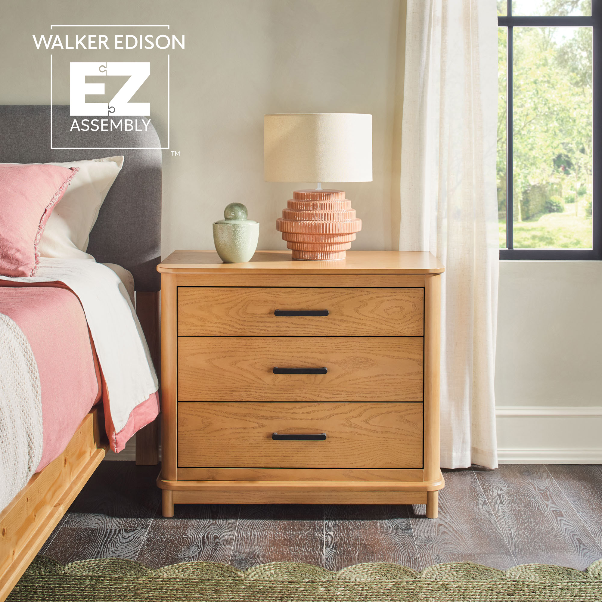 thumbnail video image 2 of Walker Edison Contemporary Solid Wood 3-Drawer Nightstand with Ultra-Easy Drawer Assembly - English Oak, 2 of 16