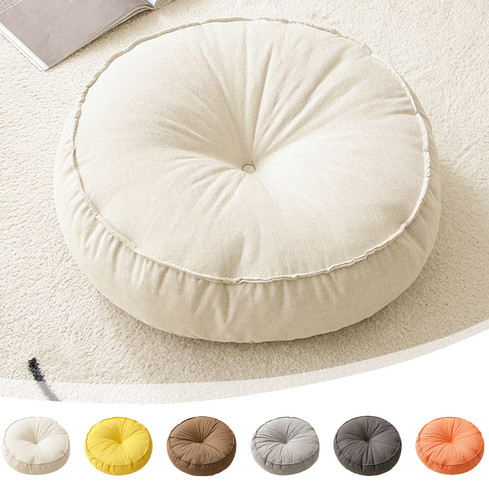 thumbnail video image 2 of Thickened Round Floor Cushion - Japanese-Style Linen/Corduroy Tatami Seat Cushion, Large Tufted Meditation Pouf for Living Room Balcony Window (18 Inch), 2 of 7
