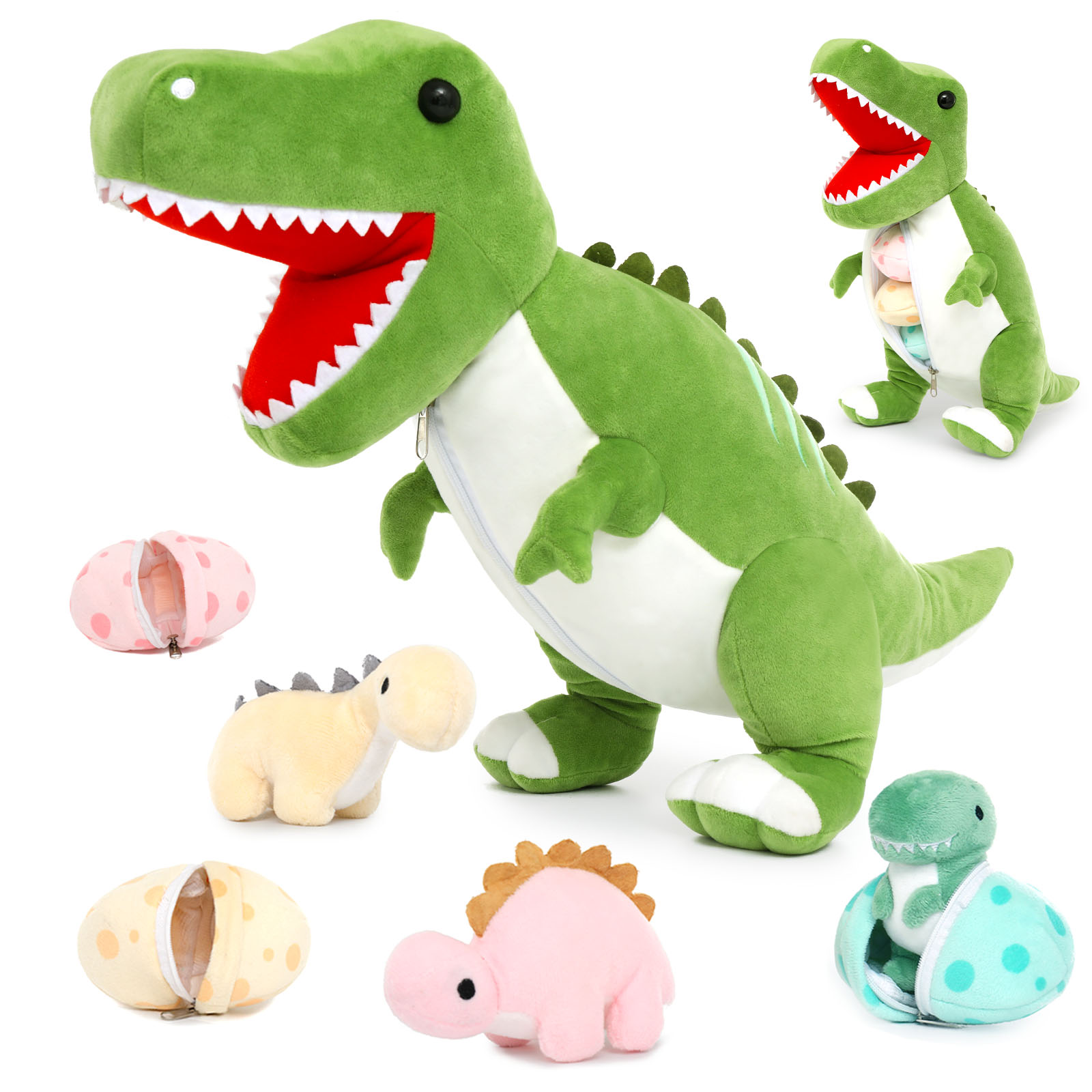 thumbnail video image 2 of MorisMos 23.6" Green Dinosaur Stuffed Animal Mommy Dinosaur with 3 Baby Plush Toys, 2 of 9