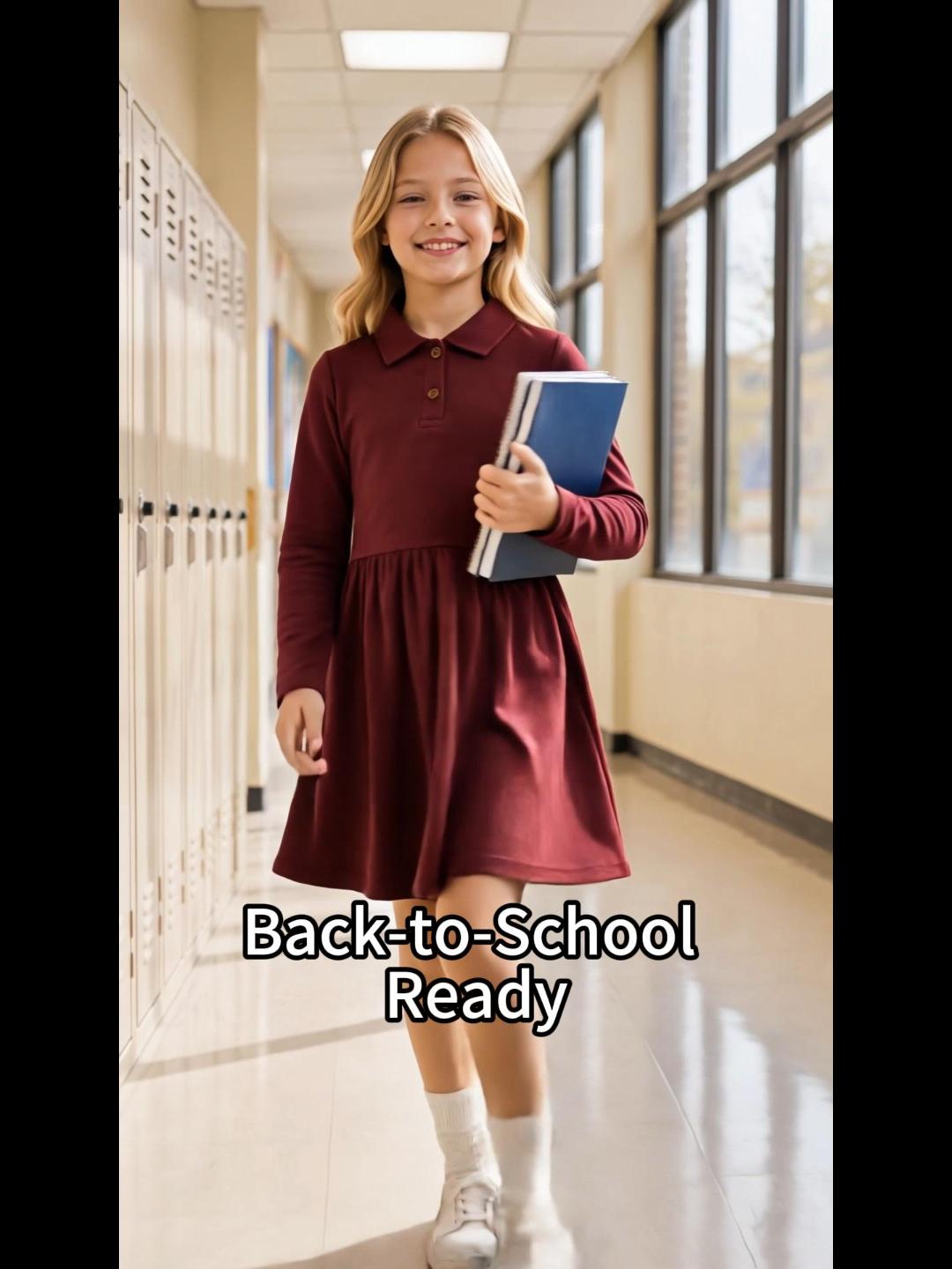 thumbnail video image 2 of HILEELANG 4-13Y Girls Long Sleeve Polo Dress School Uniform Dress with Pockets Cotton Blend Pique Collared Dress Burgundy,10-11Y, 2 of 9