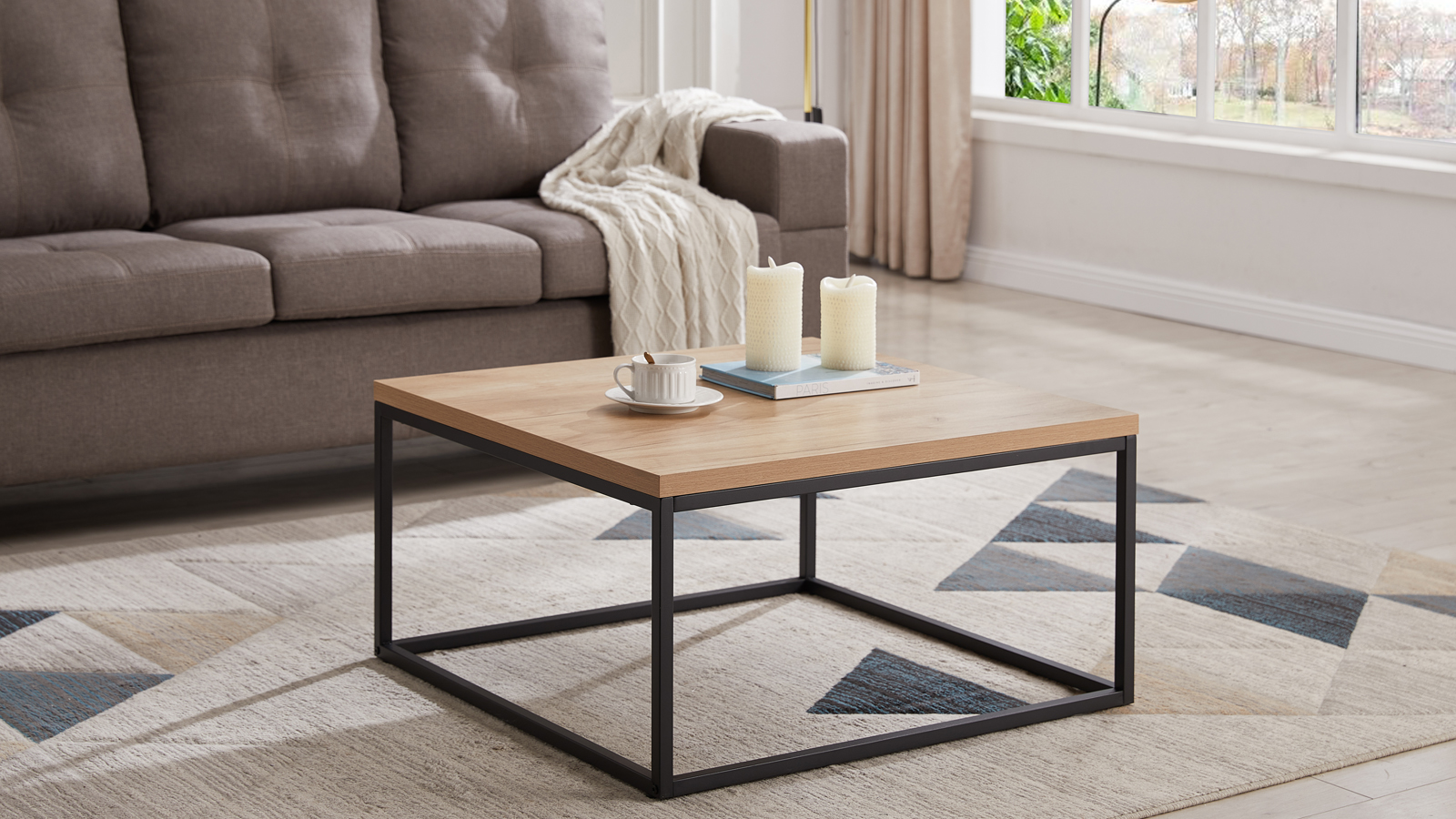 thumbnail video image 2 of Censi 30"x30" Natural Oak Accent Coffee Table Ottoman for Living Room, Modern Industrial Style, 1.2" Extra Thick Tabletop (Light Wood), 2 of 7