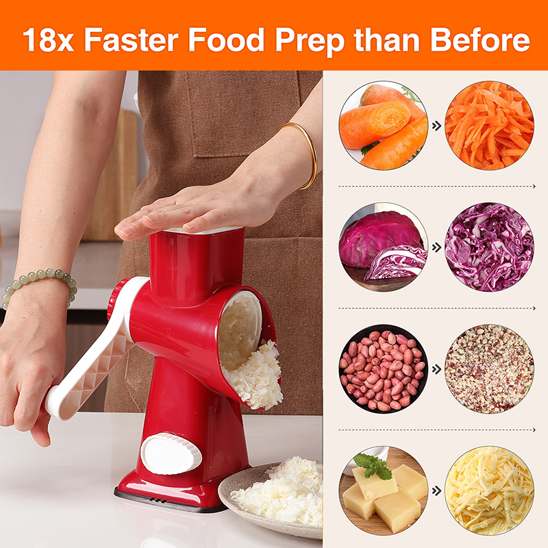 thumbnail video image 2 of KEOUKE Rotary Cheese Grater Hand Crank Cheese Shredder Vegetable Mandoline Slicer For Kitchen 3 Changeable Blades For Cheese Potato Zucchini Nuts Chocolate, 2 of 7