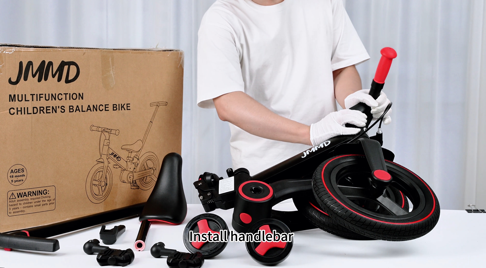 thumbnail video image 2 of JMMD 6-in-1 Toddler Bike for Ages 18-60 Months, Foldable Balance Bike with Push Handle, Training Wheels, Adjustable Seat & Handbrake - Perfect Gift for Boys Girls,Orange, 2 of 9