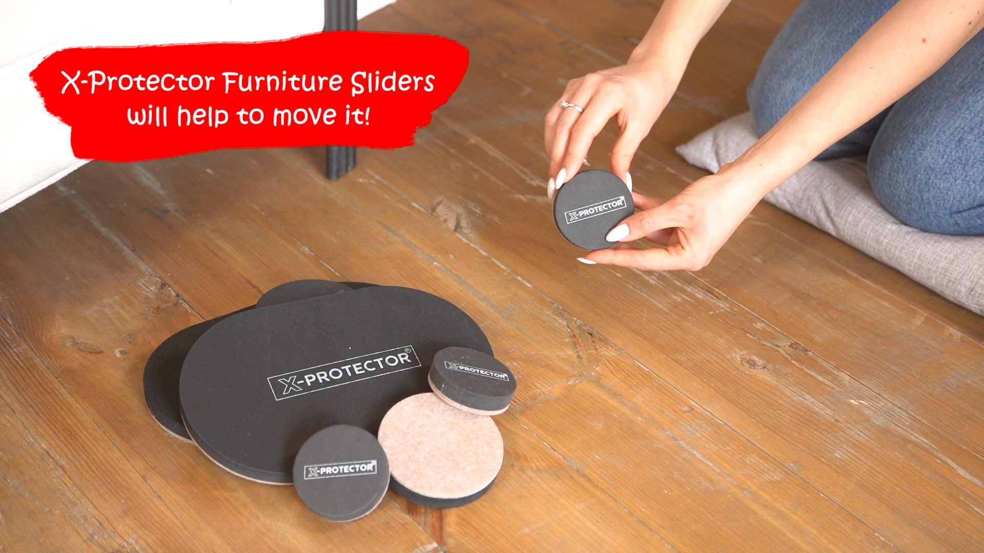 thumbnail video image 2 of X-Protector Felt Sliders for Hardwood Floors - 16 Pcs 3 1/2" Furniture Sliders - Move Furniture Easily, 2 of 7