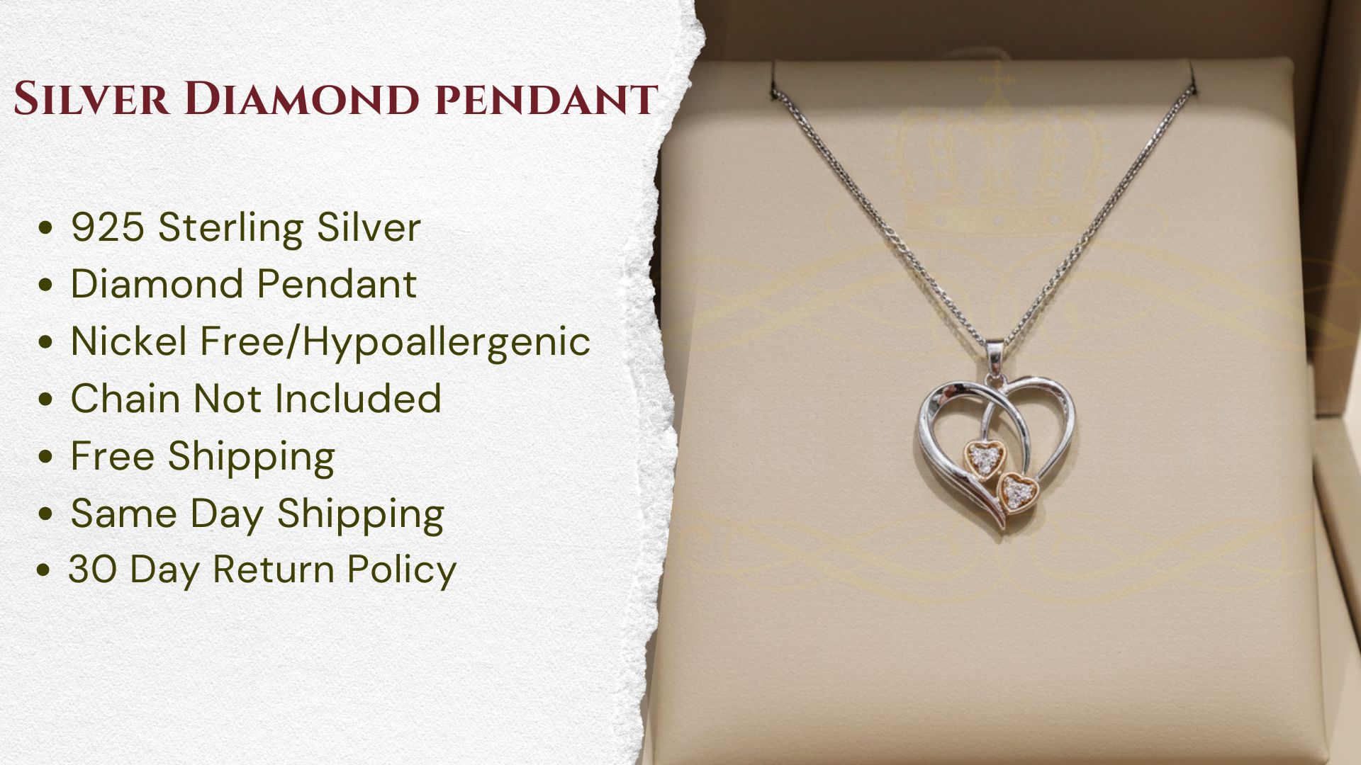 thumbnail video image 2 of King of Bling's 0.03CT Real Diamond Double HEART Sterling Silver with White Charm Necklace Pendant, 2 of 2