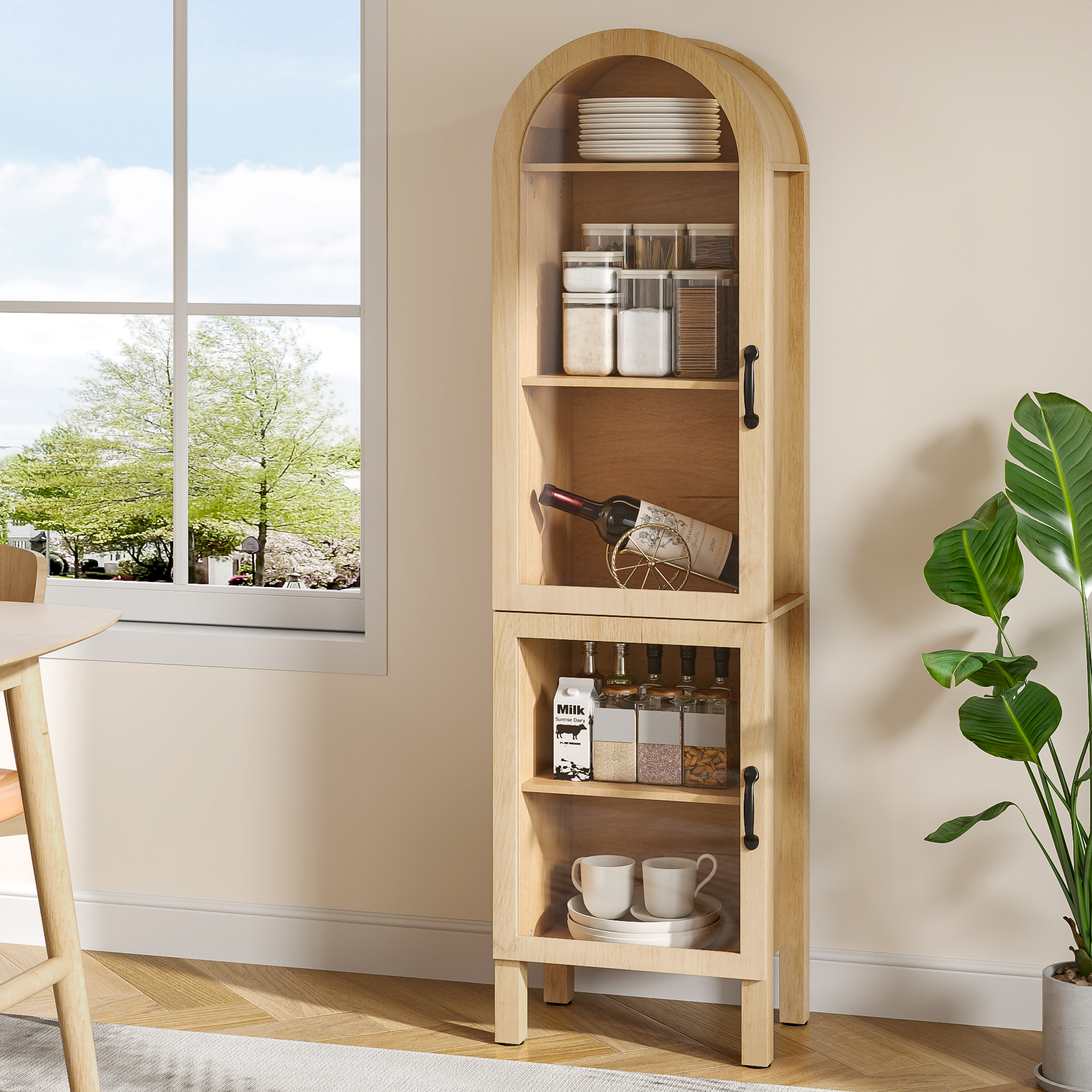 thumbnail video image 2 of Arched Kitchen Pantry Storage Cabinet, Tall Storage Display Cabinet, 5 Tier Bookcase for Living Room (Wood), 2 of 8