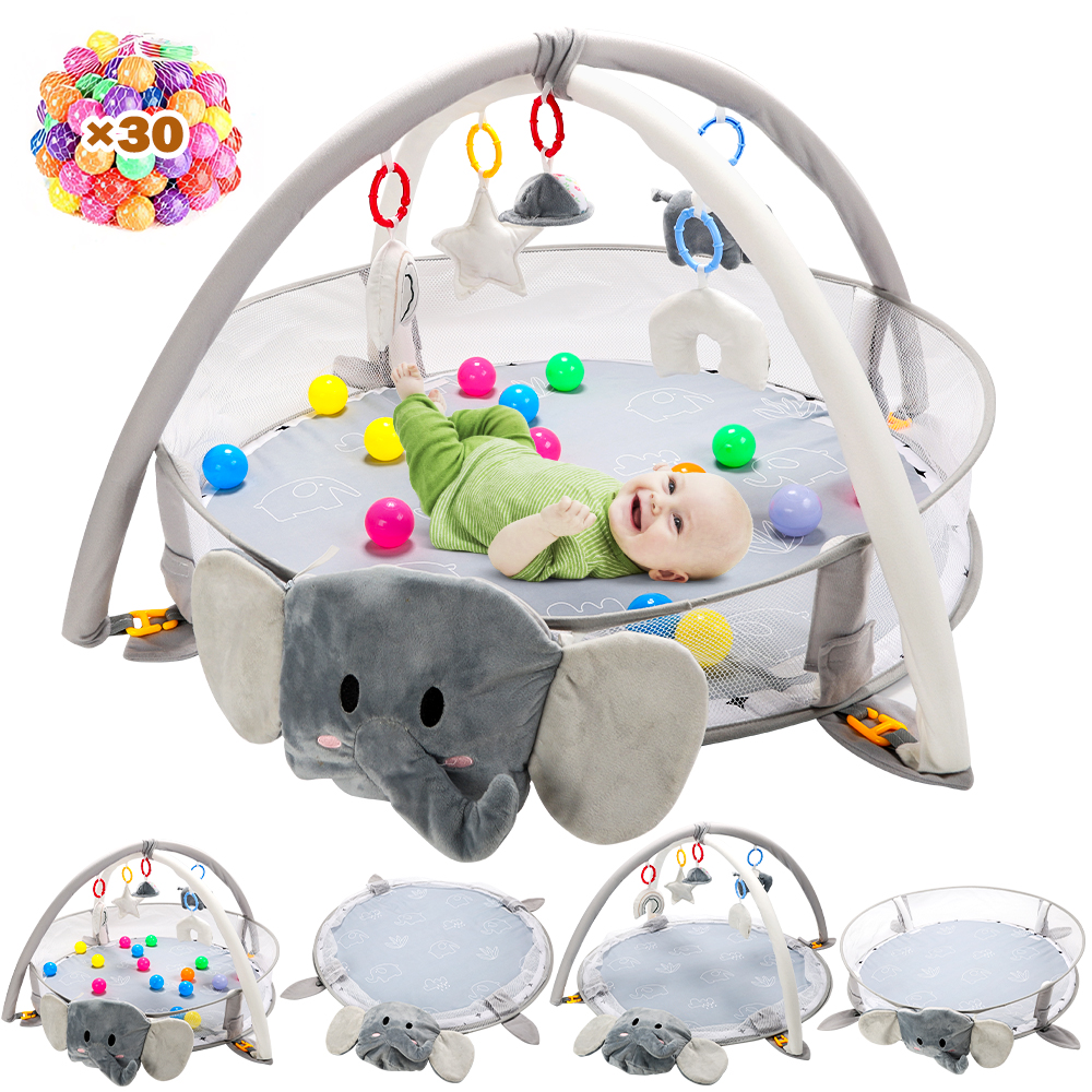 thumbnail video image 2 of JoyStone 5-in-1 Elephant Baby Gym Play Mat with 30 Balls, Tummy Time Toys, Sensory Mat for Infants 0-12 Months, 2 of 10
