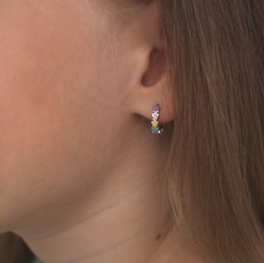 thumbnail video image 2 of Star 9mm Toddler / Kids Earrings Hoop Multicolored Pink Enamel - Sterling Silver, 2 of 6