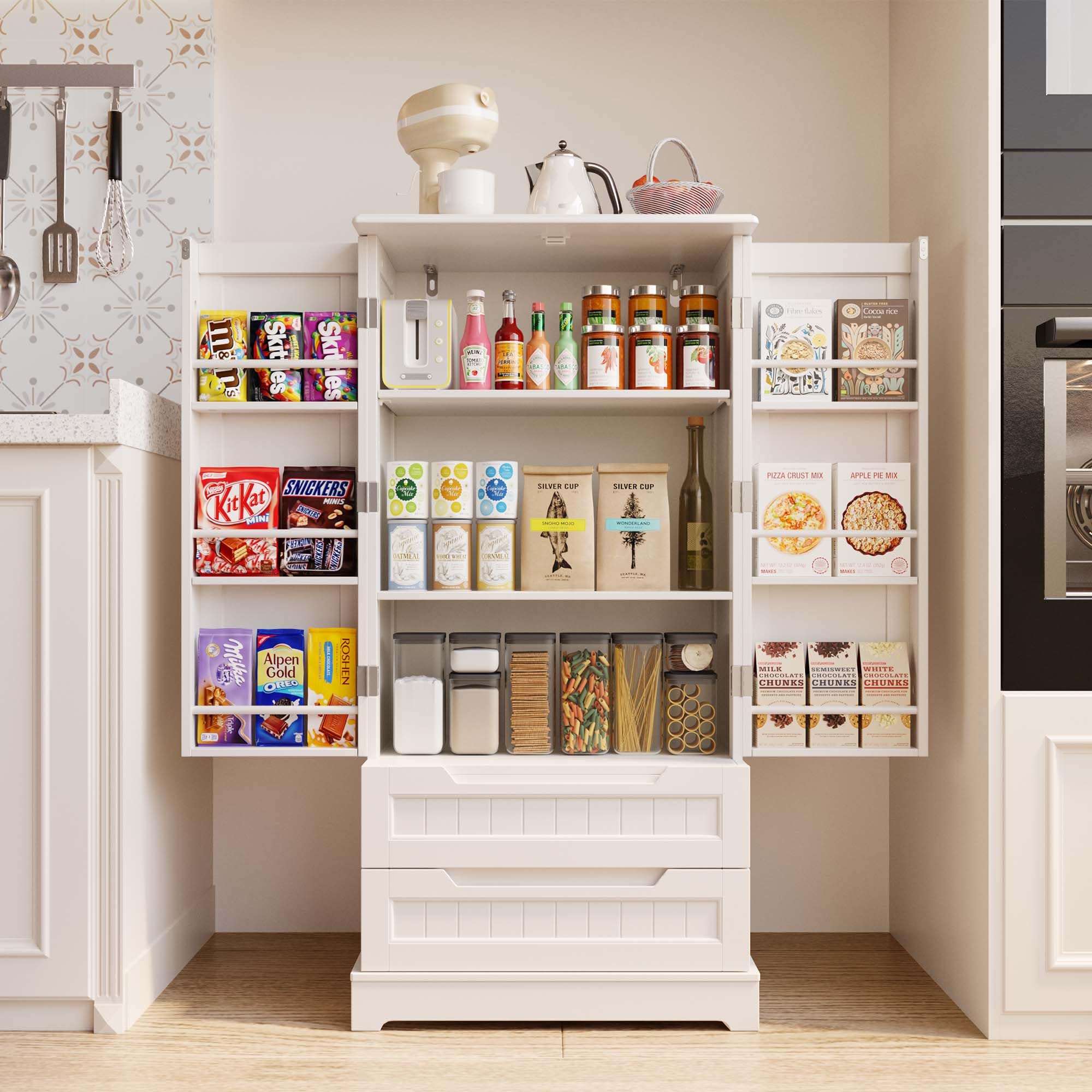 thumbnail video image 2 of Pantry Cabinet Lofka 47" Kitchen Pantry Storage Cabinet with 2 Drawers, 8 Shelves and 2 Doors, Black, 2 of 10