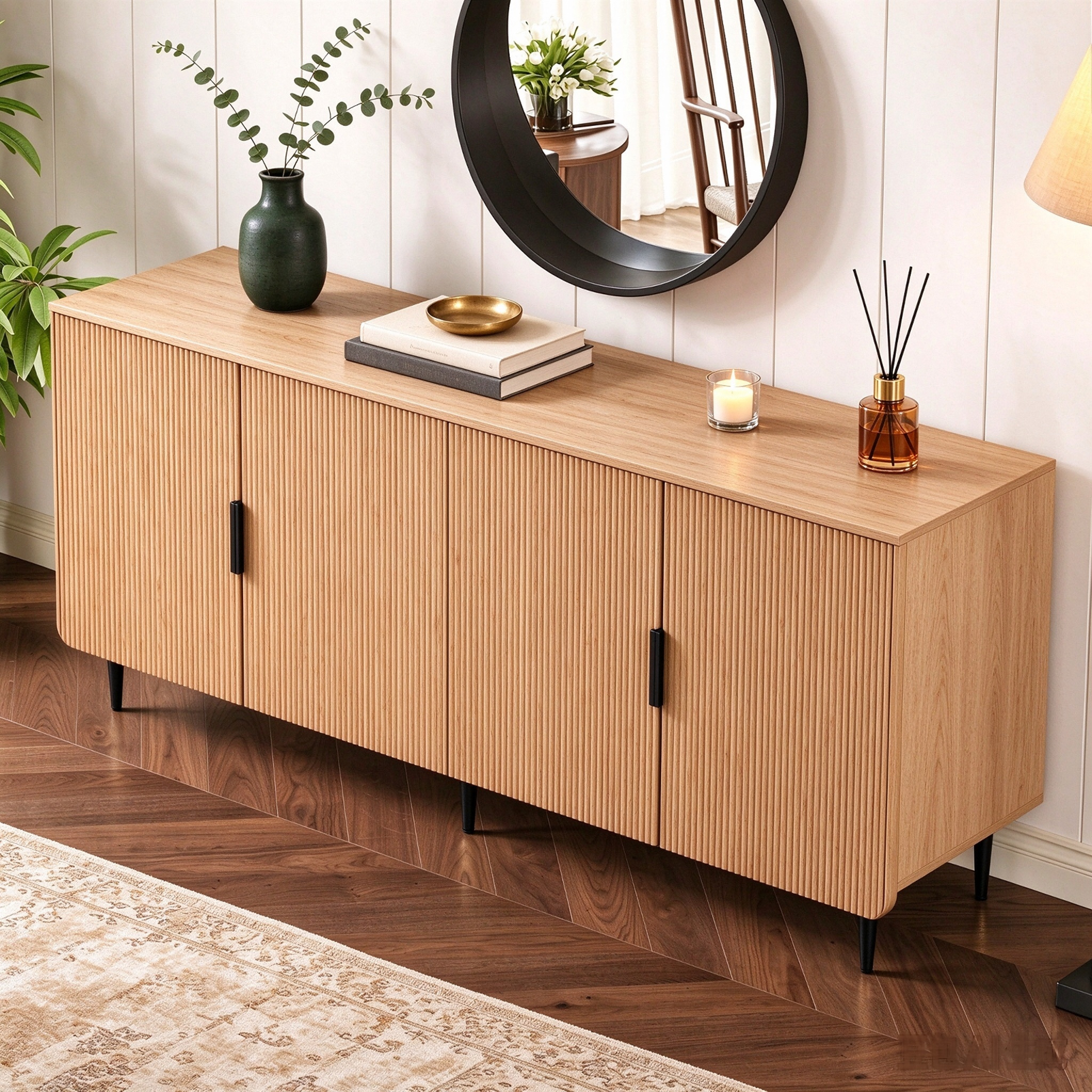 thumbnail video image 2 of Entrintou 64.8"Fluted Sideboard Buffet Cabinet,4 Door,6 Center-Support Legs,150 lb Top, For Dining Room, Living Room,Oak color with Black Hardware, 2 of 12