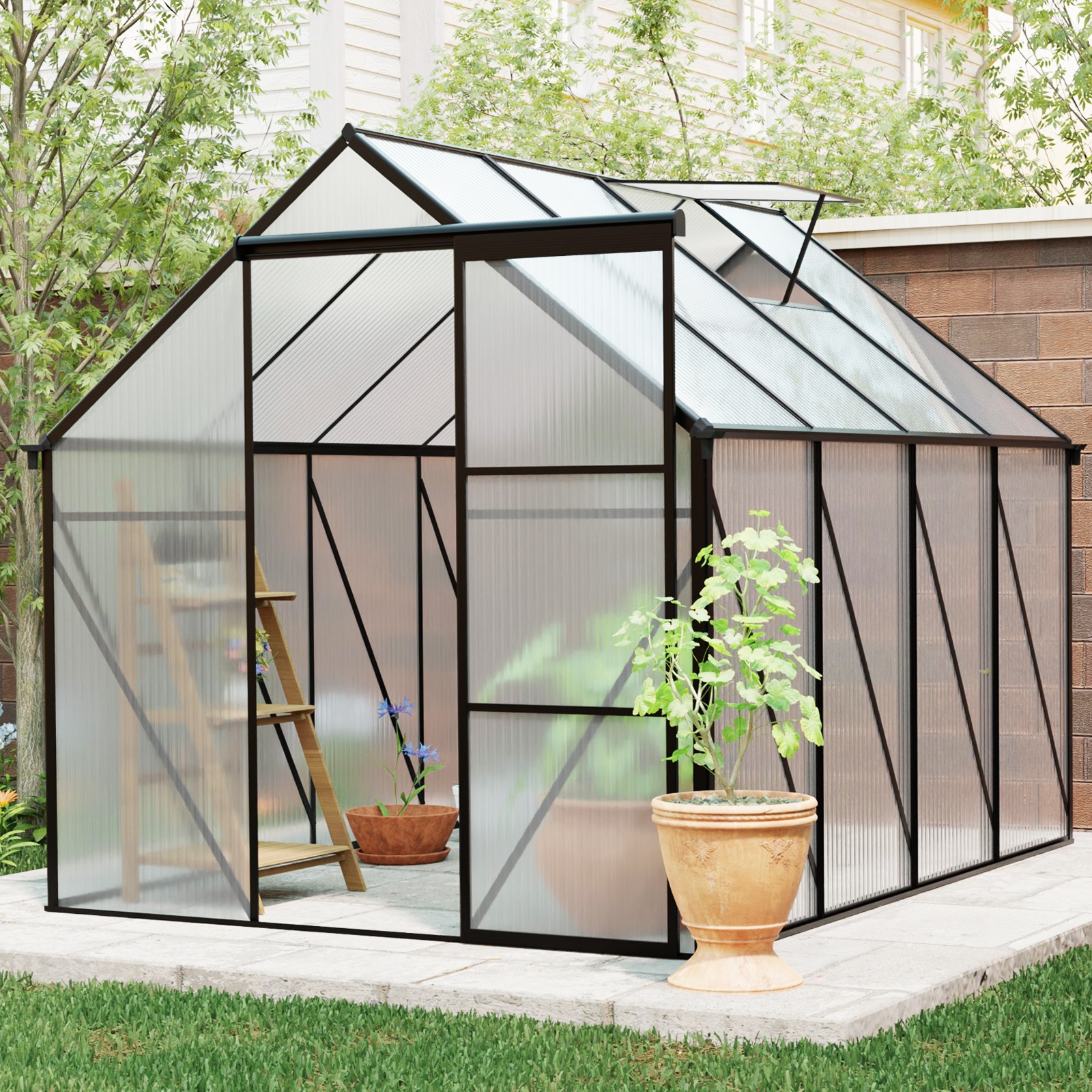 thumbnail video image 2 of 6x8 FT Polycarbonate Greenhouse Raised Base And Anchor Aluminum Heavy Duty Walk-in Greenhouses For Outdoor Backyard In All Season,Green 6*12FT, 2 of 11