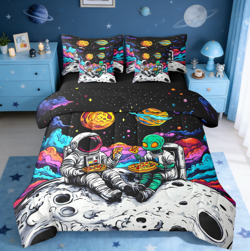 thumbnail video image 2 of jejeloiu Colorful Astronaut Theme Bedding Comforter Set 7pcs,Hippie Alien Queen Bedding Sets,Cartoon Astronau Queen Sheet Sets For Boys Kids,Breathable Home Decor Reversible, 2 of 9