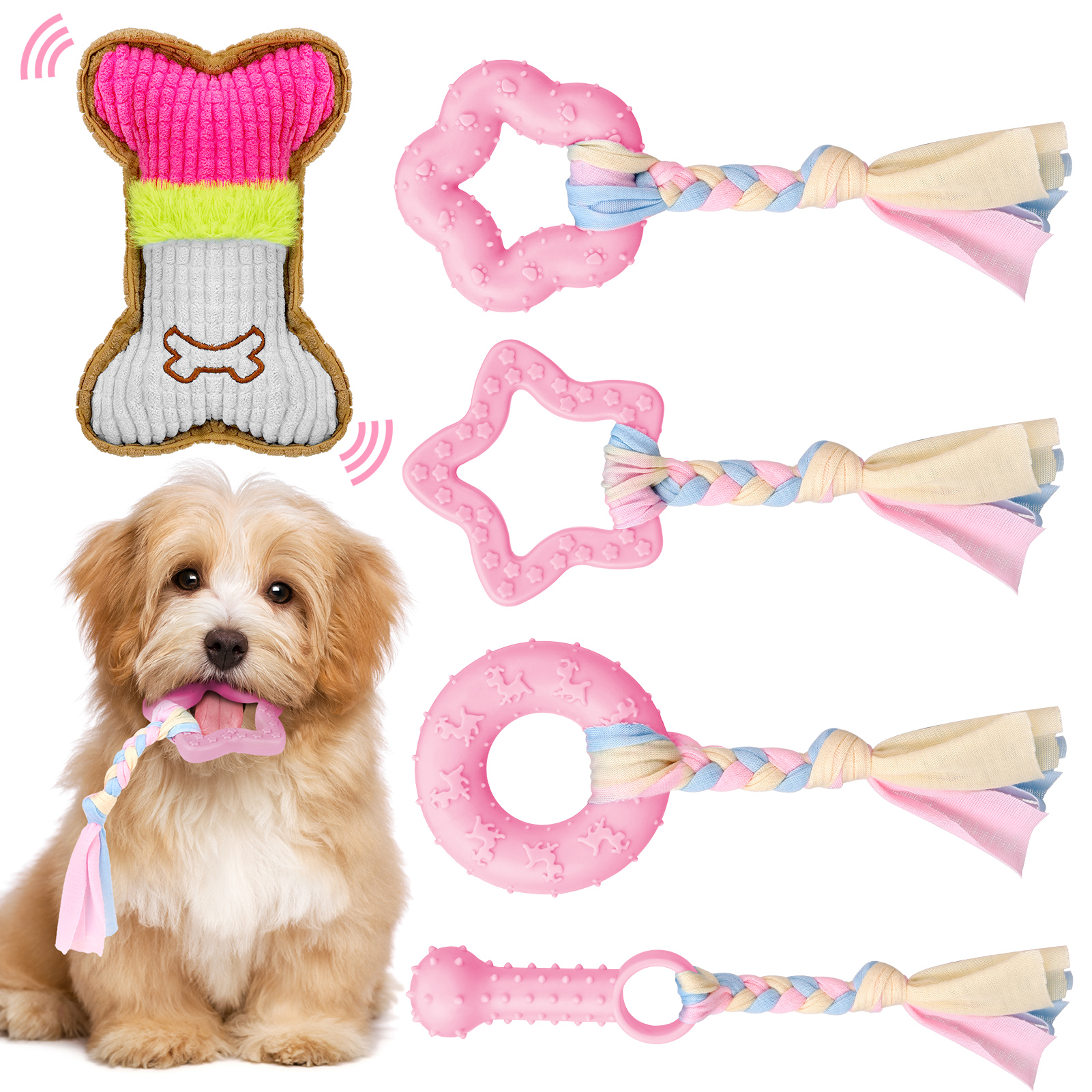 thumbnail video image 2 of Armscye 5 Pack Puppy Chew Toys for Teething Small Dogs, Pink Rubber Puppy Teething Toys Plush Squeaky Dog Toys for Cleaning Teeth Interactive Pet Doggy Bone Toys, 2 of 8