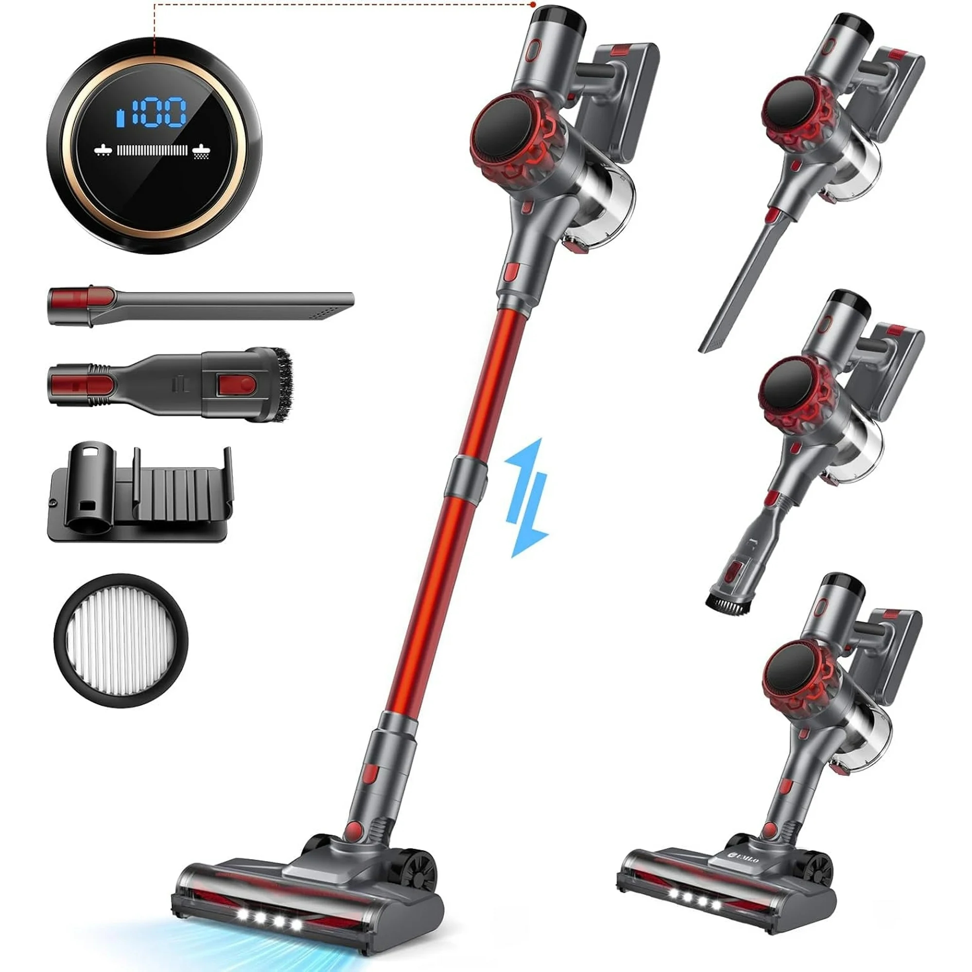 thumbnail video image 2 of Cordless Vacuum Cleaner, 350W 35Kpa Powerful Stick Vacuum, with LED Display Free-Standing Vacuum Cleaners for Home Pet Hair Carpet Hard Floor S3 (Red), 2 of 9