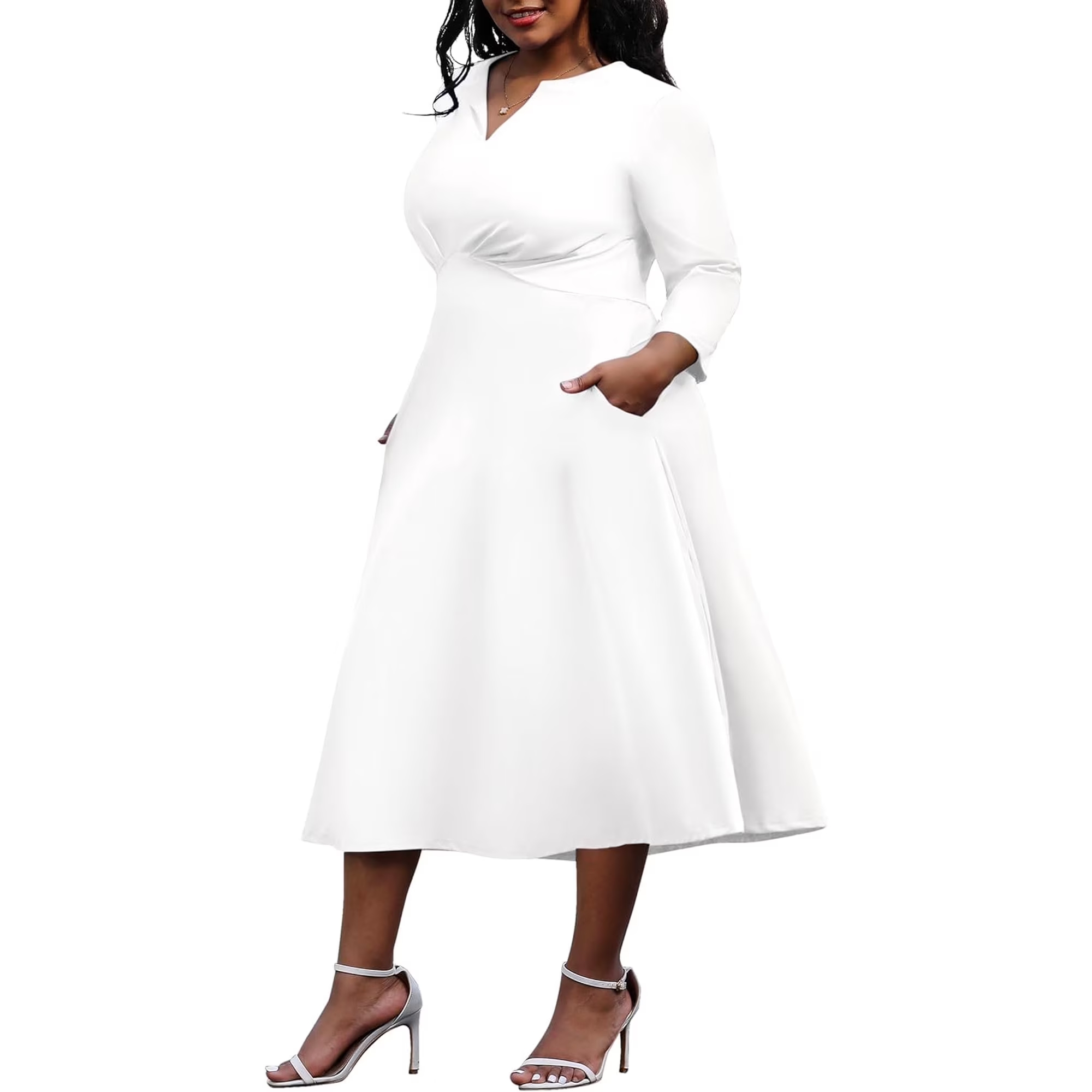 thumbnail video image 2 of AURA Women's Plus Size Stretchy Flared Wrap Dress Casual Wedding Guest Midi Dresses V Neck 3/4 Sleeve A-Line Swing Dress, 2 of 6