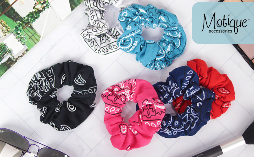 thumbnail video image 2 of Motique Accessories Bandana Soft Hair Scrunchies for Adult Female and Girls- Set of 6 - Navy, 2 of 6