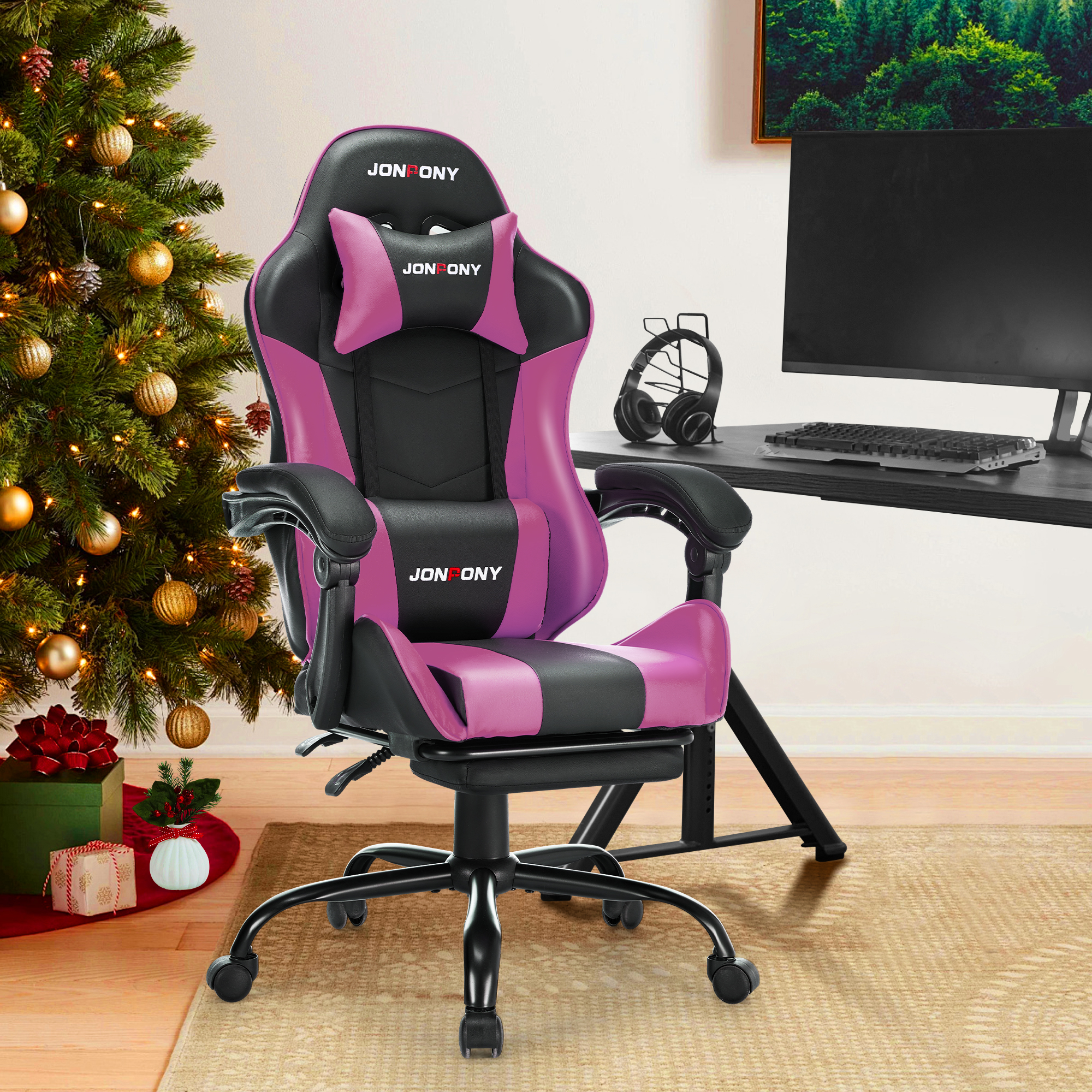 thumbnail video image 2 of JONPONY Big and Tall 400LBS Gaming Chair, Ergonomic Design, Gamer Chair PU Leather with Footrest and Lumbar Support, High Back Office Chair Support 8 Hours Long Sitting, Computer Chair,Purple, 2 of 12
