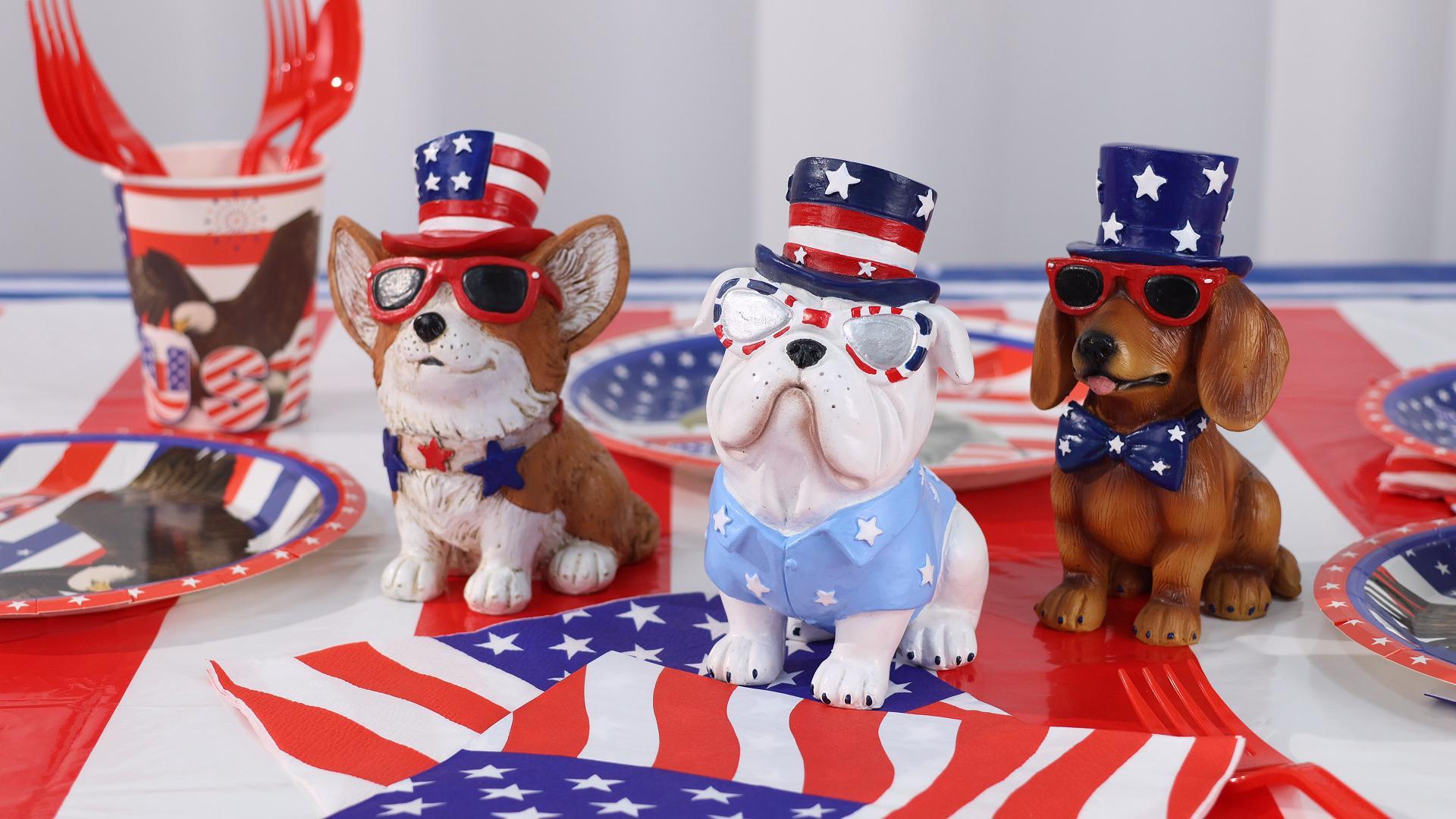 thumbnail video image 2 of Ayieyill 3pcs 4th of July Patriotic Dog Figurines, Fourth of July Independence Day Decorations, Memorial Day Decor, White, 2 of 7