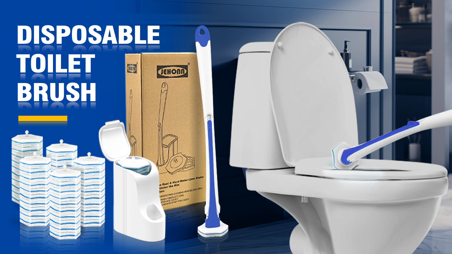 thumbnail video image 2 of JEHONN Disposable Toilet Brush Holder Set Wall Mounted with 48 Refills for Sink(Blue), 2 of 6