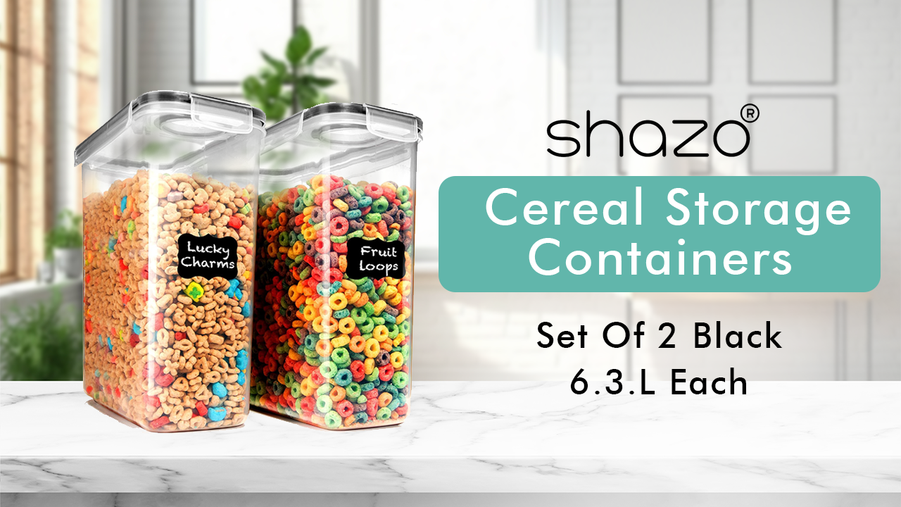 thumbnail video image 2 of Shazo 2 Pack (6.3L / 213 oz) EXTRA Large Cereal Containers Storage Set, BPA Free Airtight Food Storage Containers for Bulk Cereal, Rice, Pasta, Sugar, 2 of 10