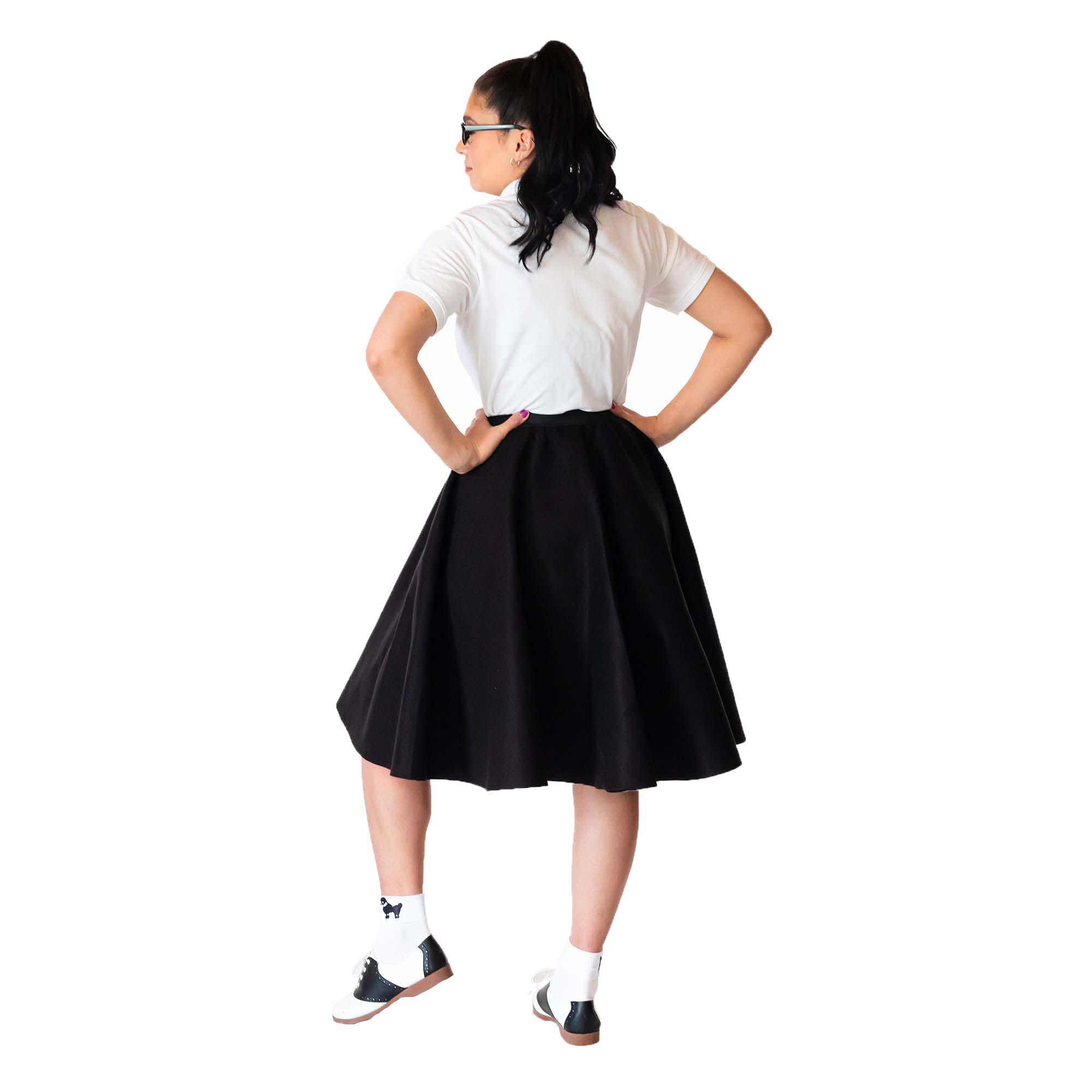 thumbnail video image 2 of Hip Hop 50's Shop 1950s Adult 4 Piece Poodle Skirt Costume Outfit for Women with Accessories (glasses, socks, scarf) (XSmall/Small Teal), 2 of 7